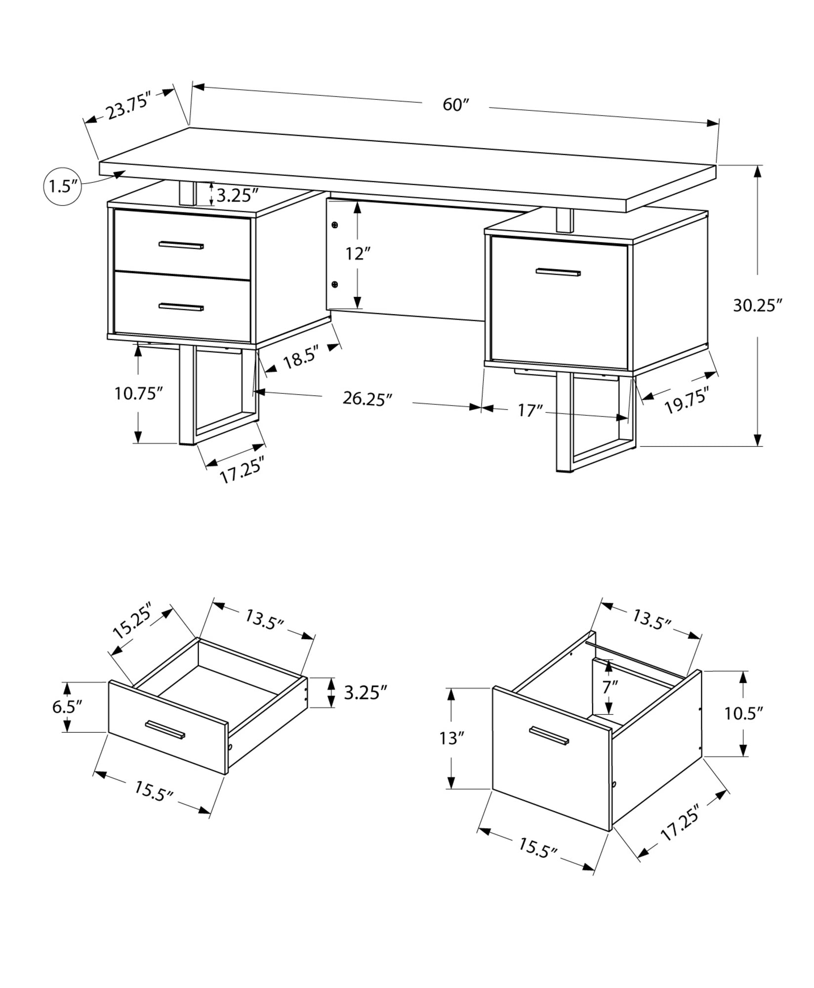 23.75" x 60" x 30.25" White Silver Particle Board Hollow Core Metal  Computer Desk With A Hollow Core