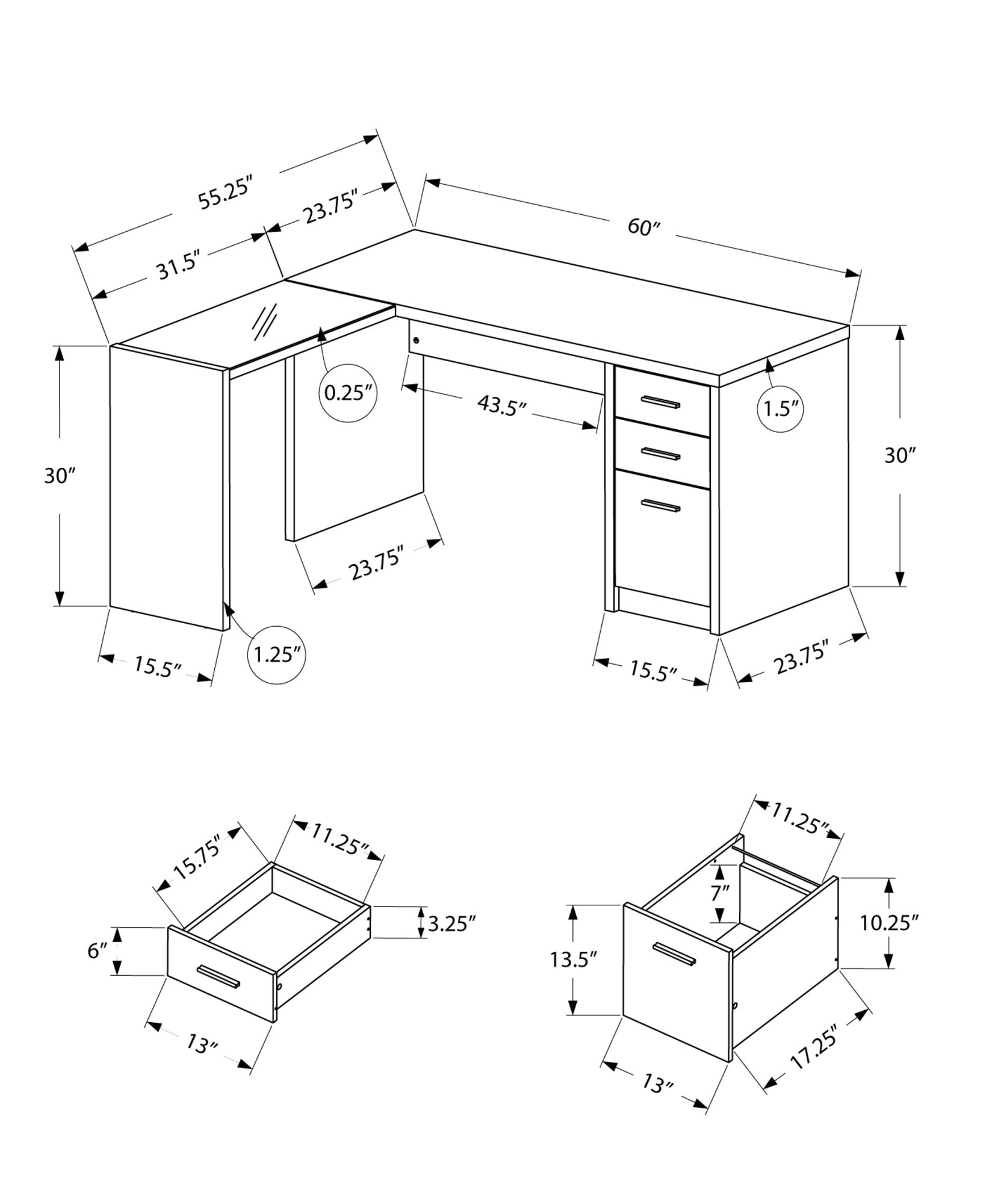 55.25" x 60" x 30" White Clear Particle Board Glass Hollow Core  Computer Desk