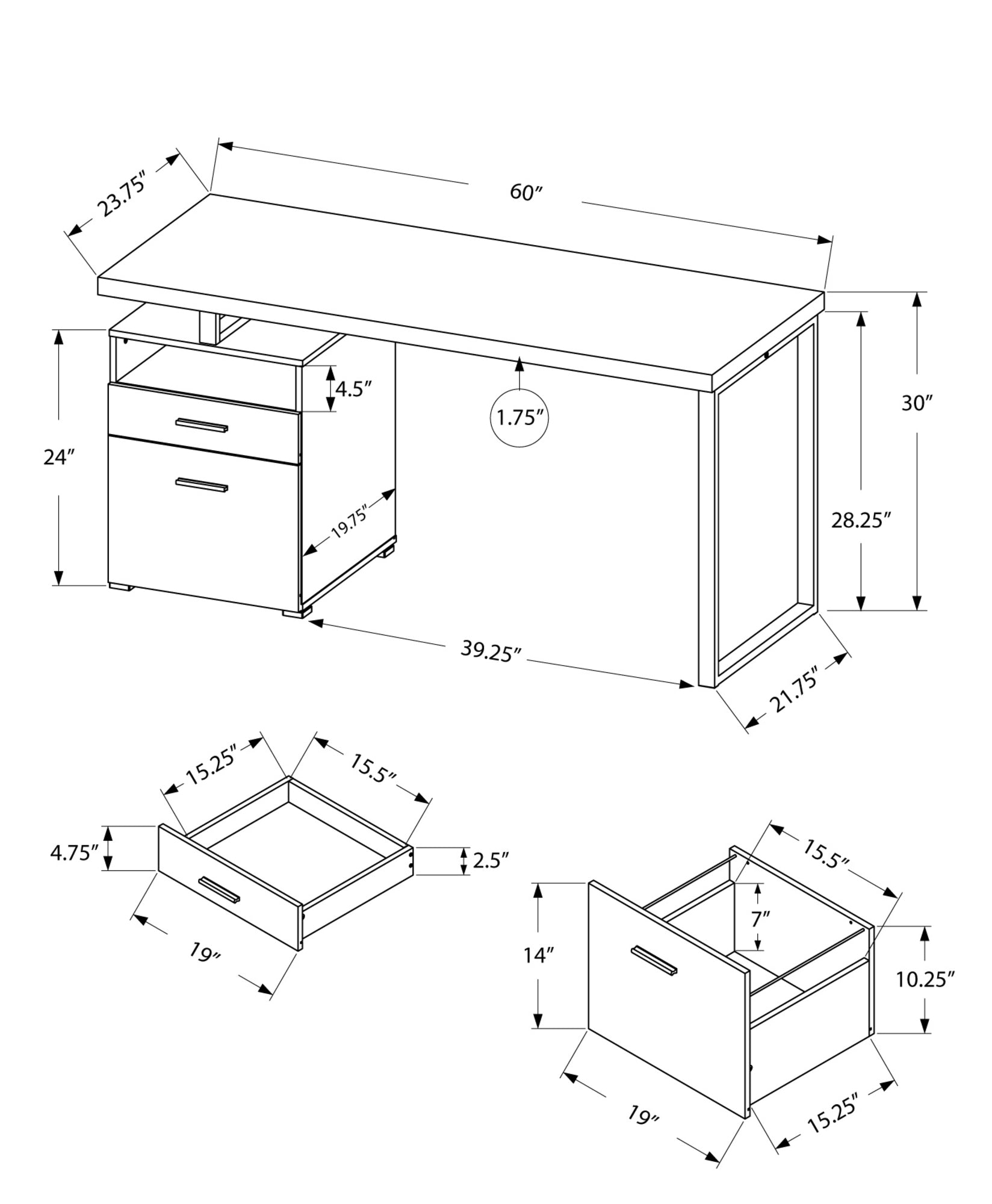 23.75" x 60" x 30" Walnut Silver Particle Board Hollow Core Metal  Computer Desk