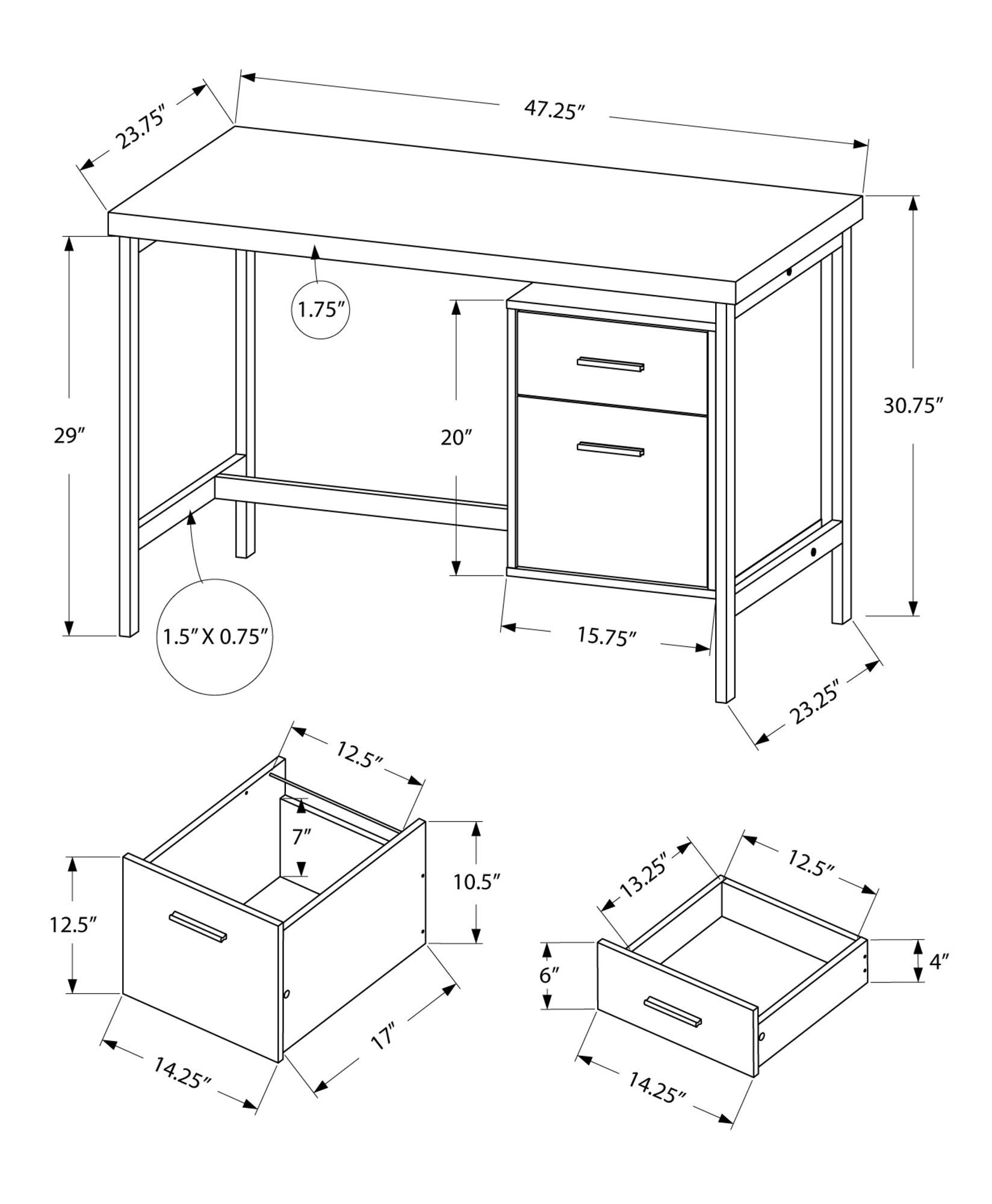 23.75" x 47.25" x 30.75" White Silver Particle Board Hollow Core Metal  Computer Desk