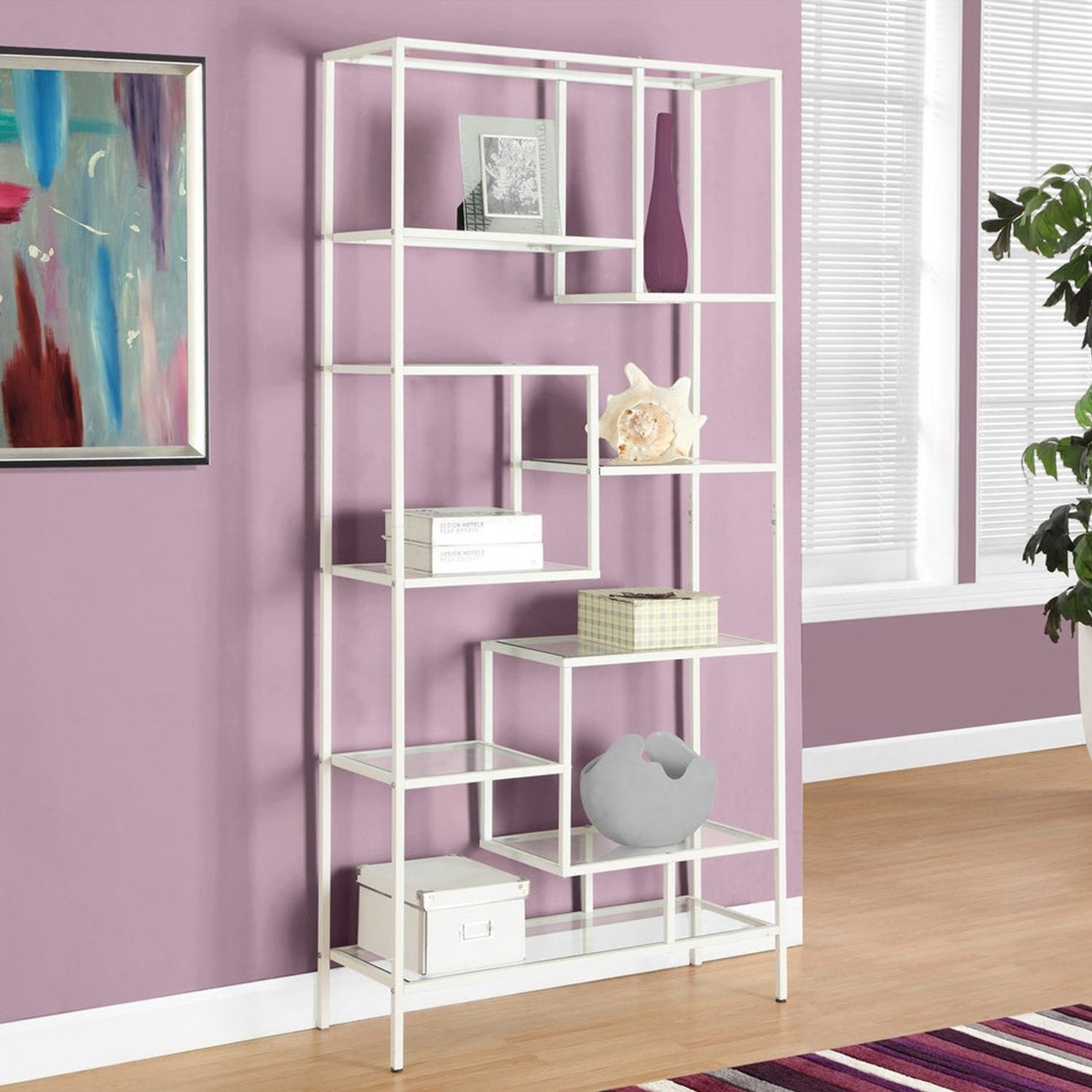 12" x 32" x 72" White  Clear  Tempered Glass  Metal   Bookcase