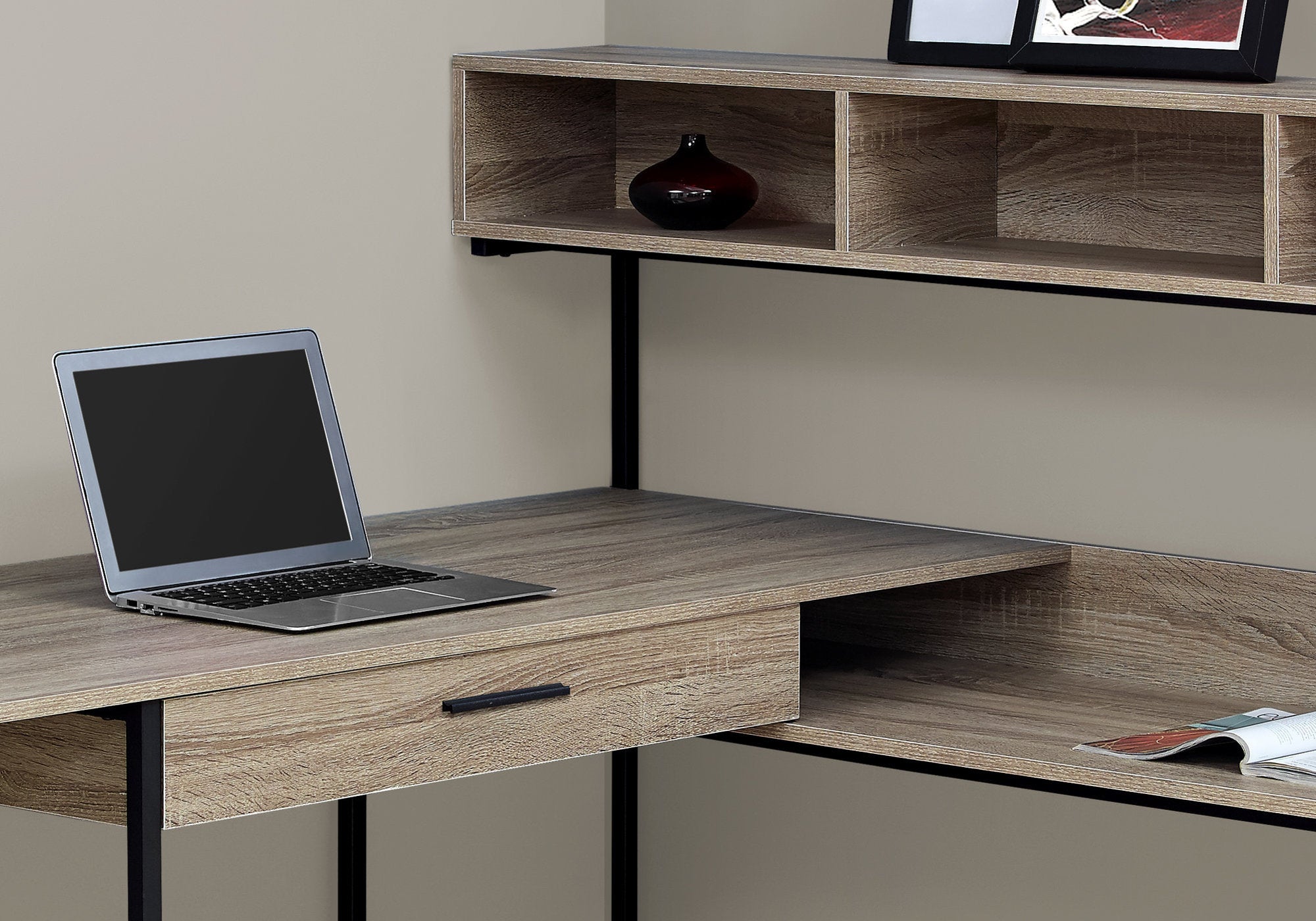 59" x 59" x 47.25" Taupe Black Metal  Corner Computer Desk