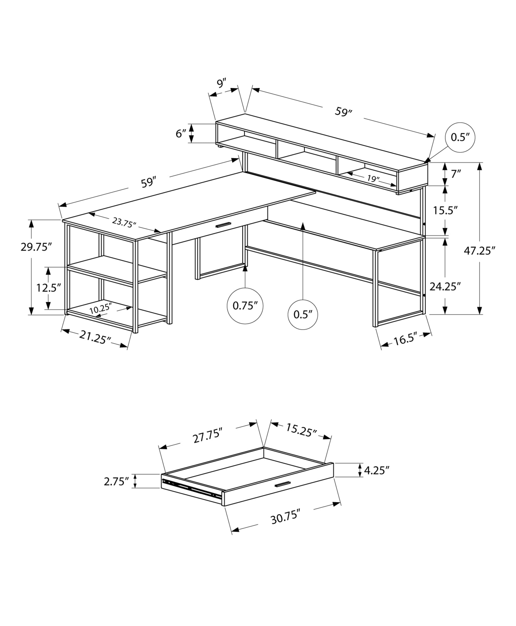 59" x 59" x 47.25" Taupe Black Metal  Corner Computer Desk