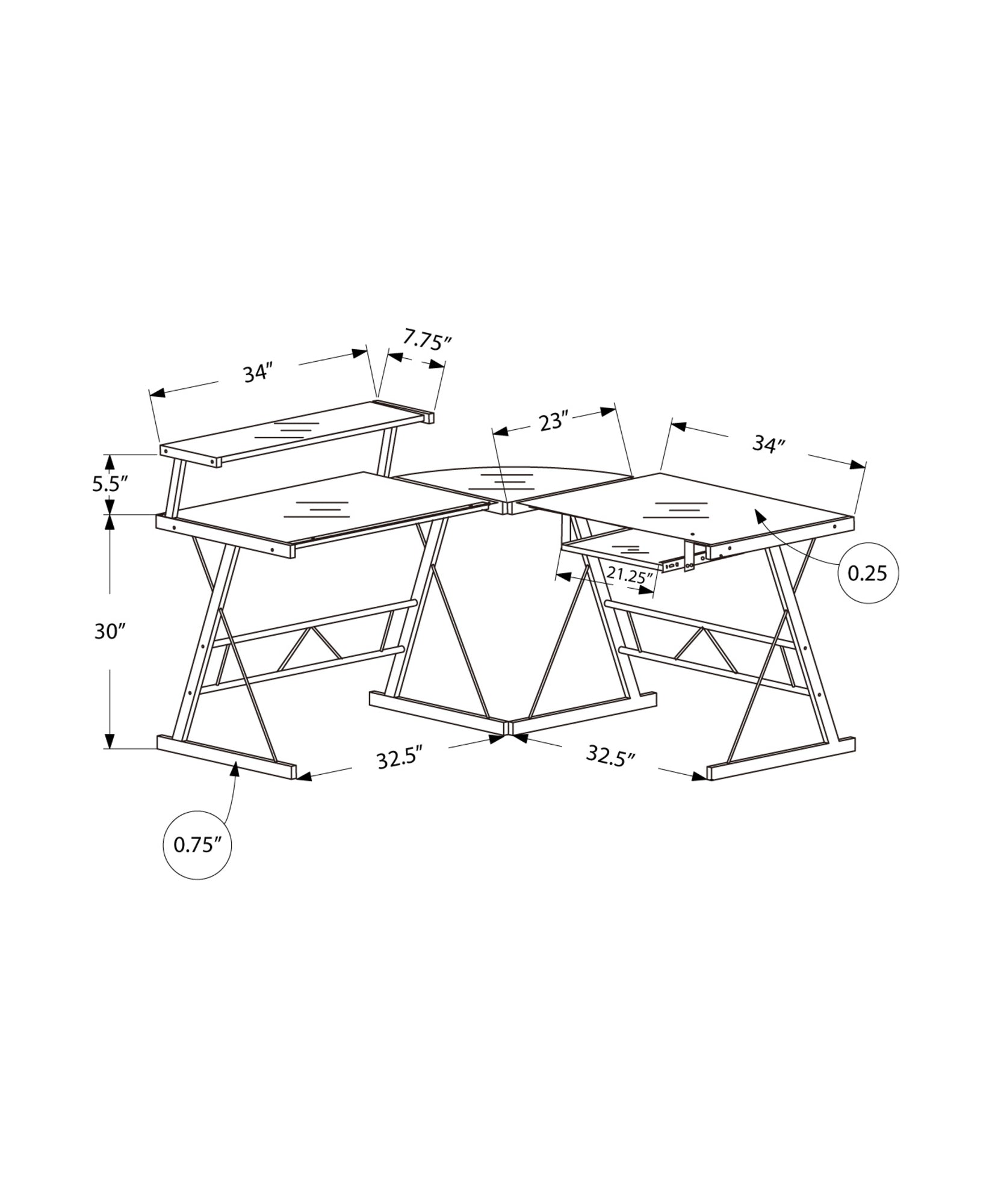23" x 57" x 36" Black Metal Corner with Tempered Glass - Computer Desk