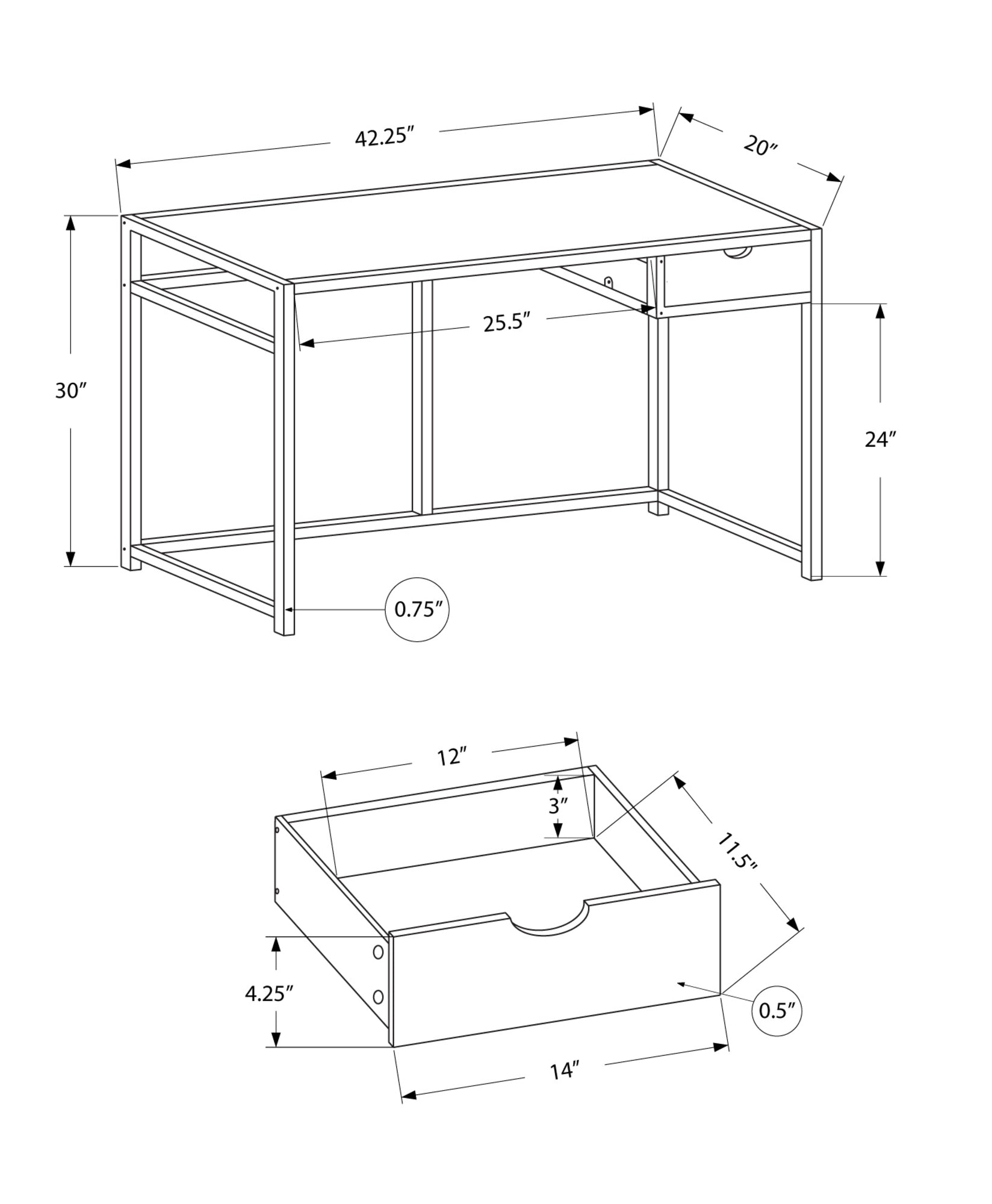 20" x 42.25" x 30" Dark Taupe Black Mdf Metal  Computer Desk