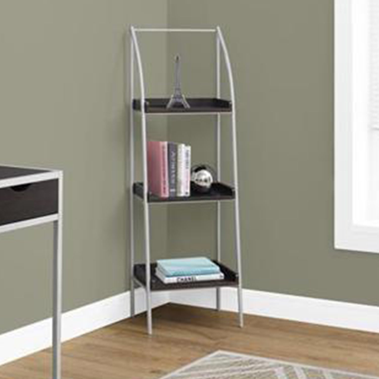 12" x 16" x 48" Cappuccino  Silver  Mdf  Metal   Bookshelf