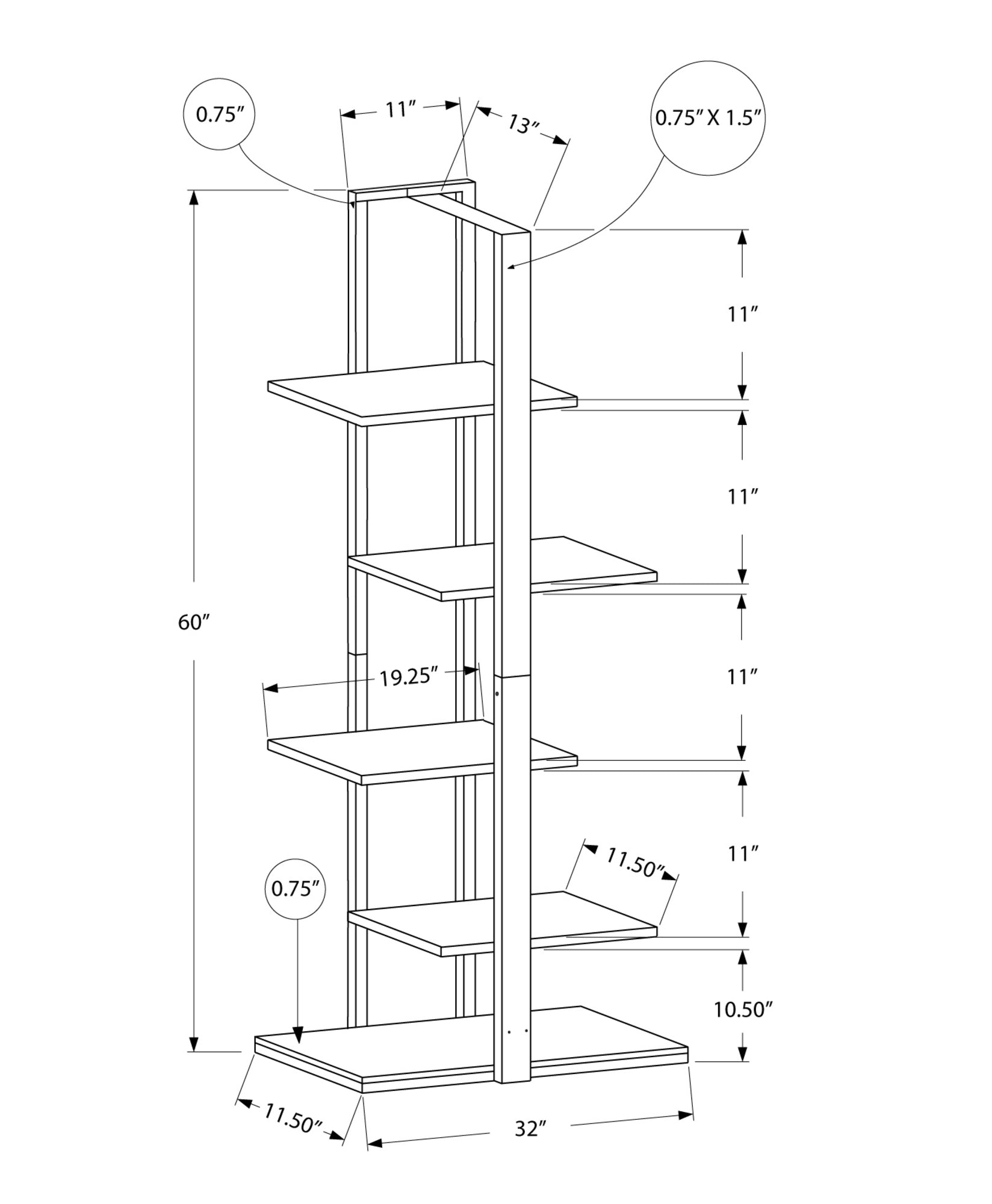 13" x 32" x 60" White  Silver  Mdf  Metal   Bookshelf