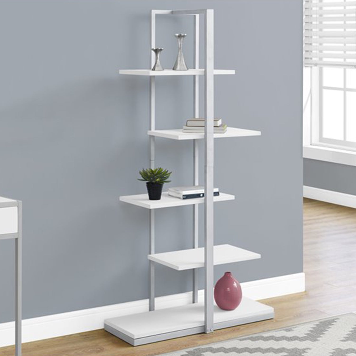 13" x 32" x 60" White  Silver  Mdf  Metal   Bookshelf
