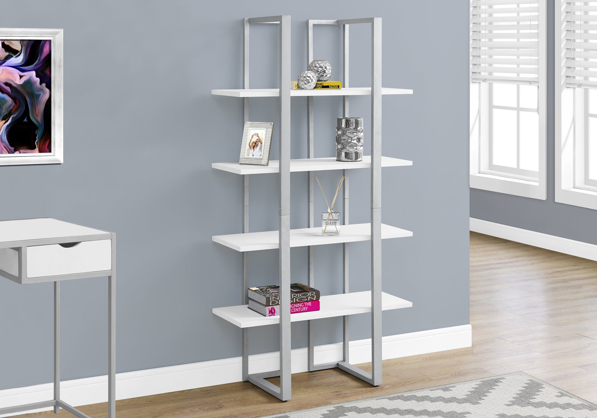 60" 4 Tier Bookcase WhitewithSilver Metal