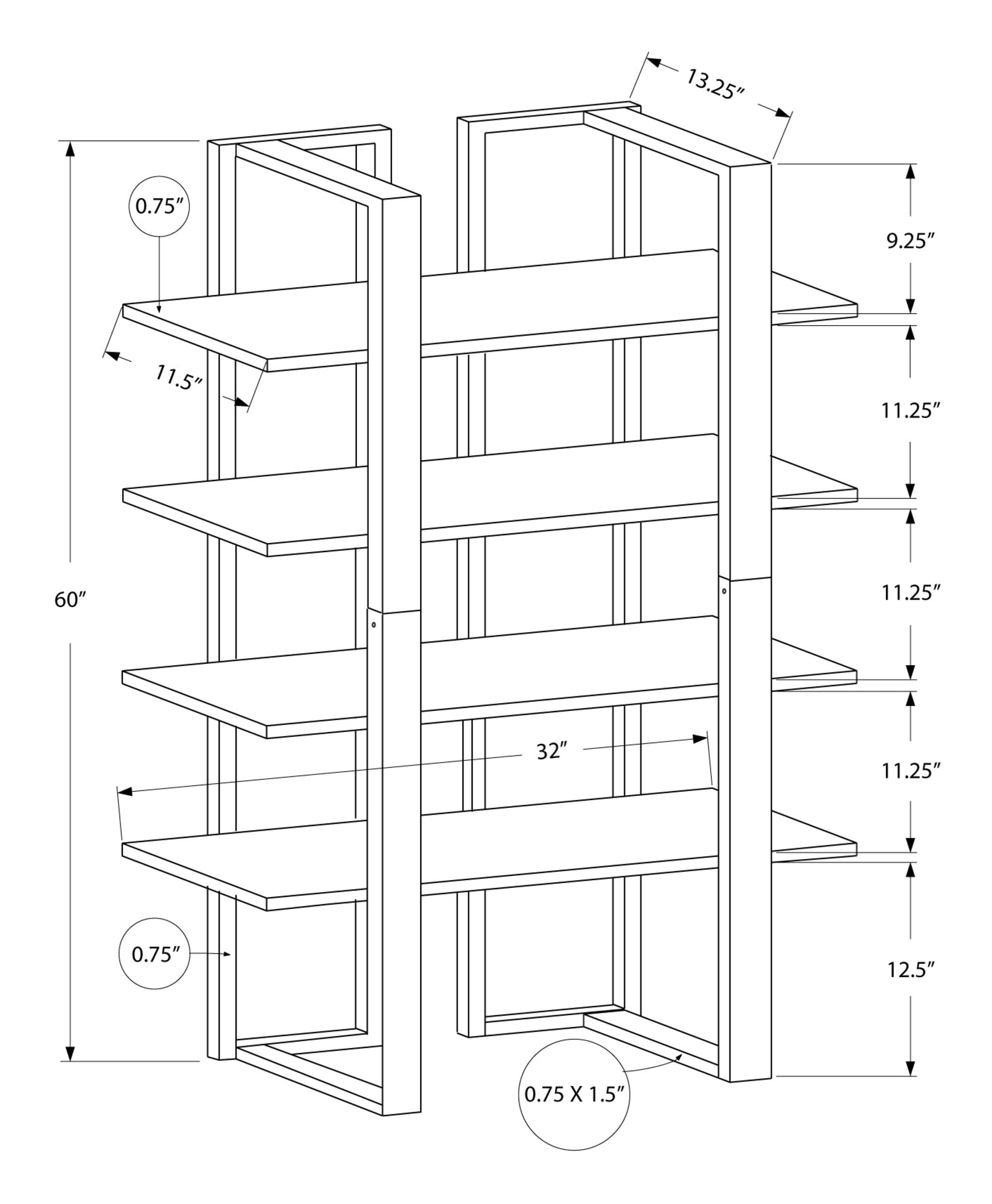 60" 4 Tier Bookcase WhitewithSilver Metal