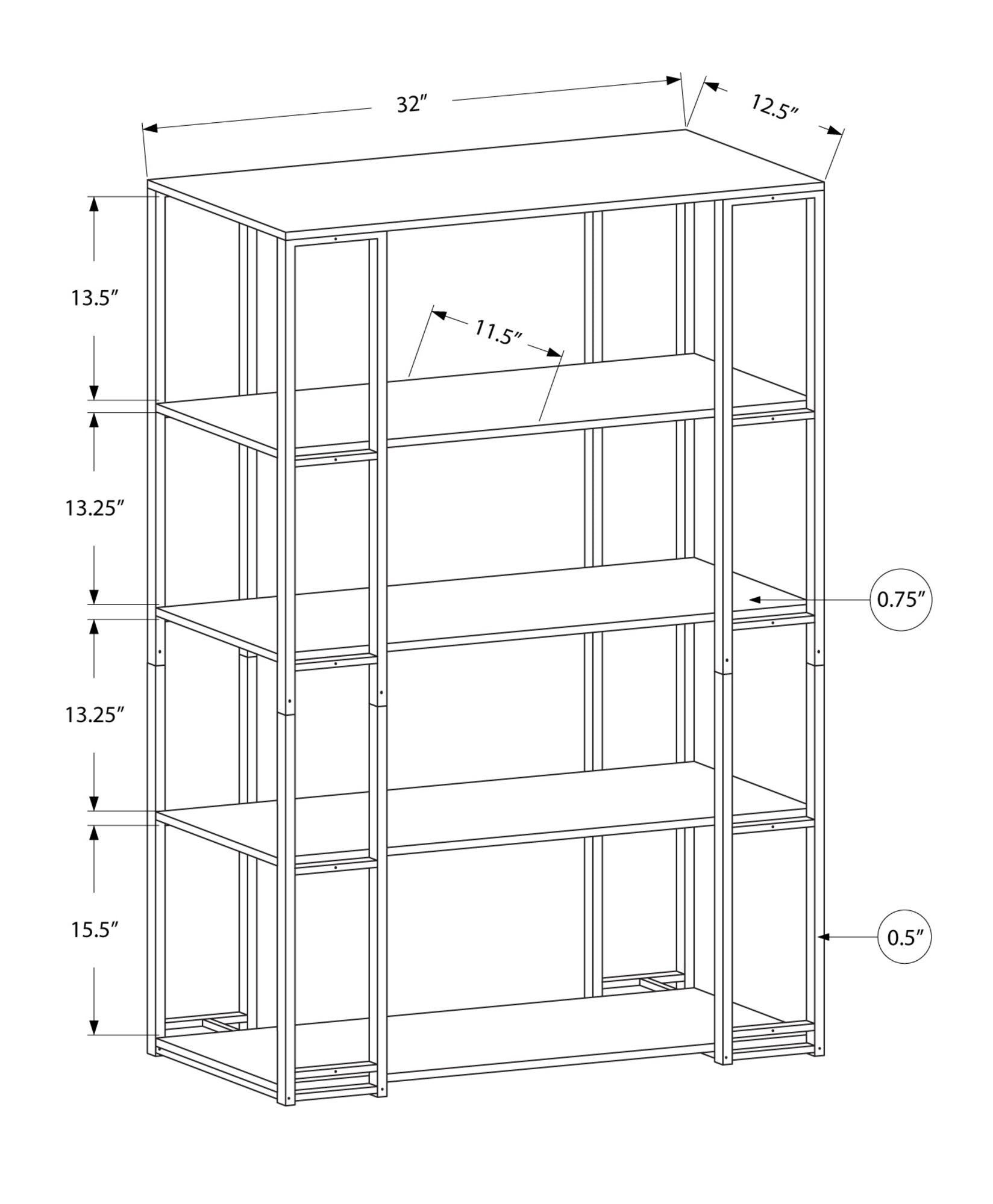 12.5" x 32" x 62" Dark Taupe Black Mdf Metal  Bookcase