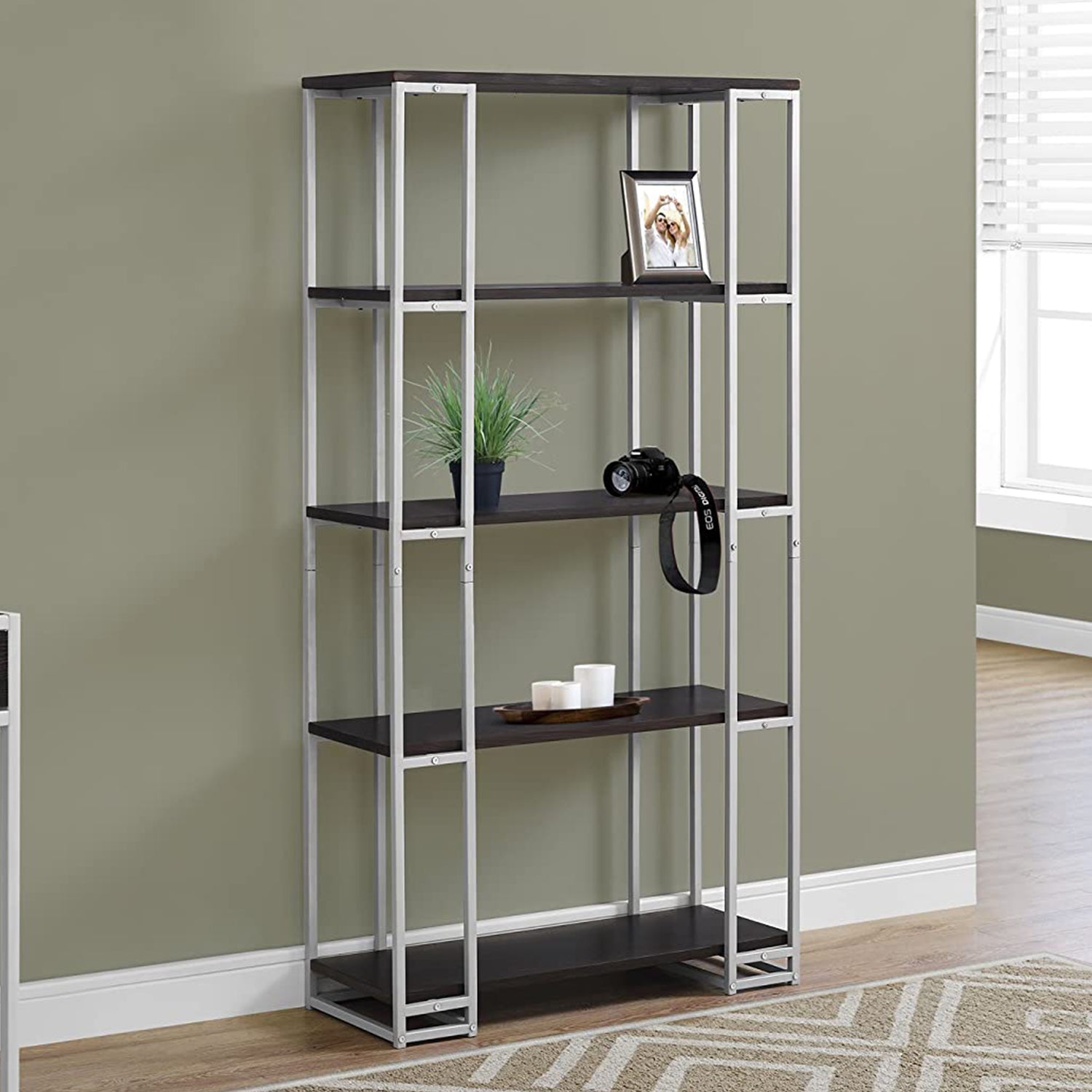 12.5" x 32" x 62" Cappuccino Silver Mdf Metal  Bookcase