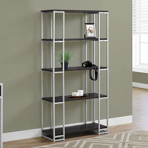 12.5" x 32" x 62" Cappuccino Silver Mdf Metal  Bookcase