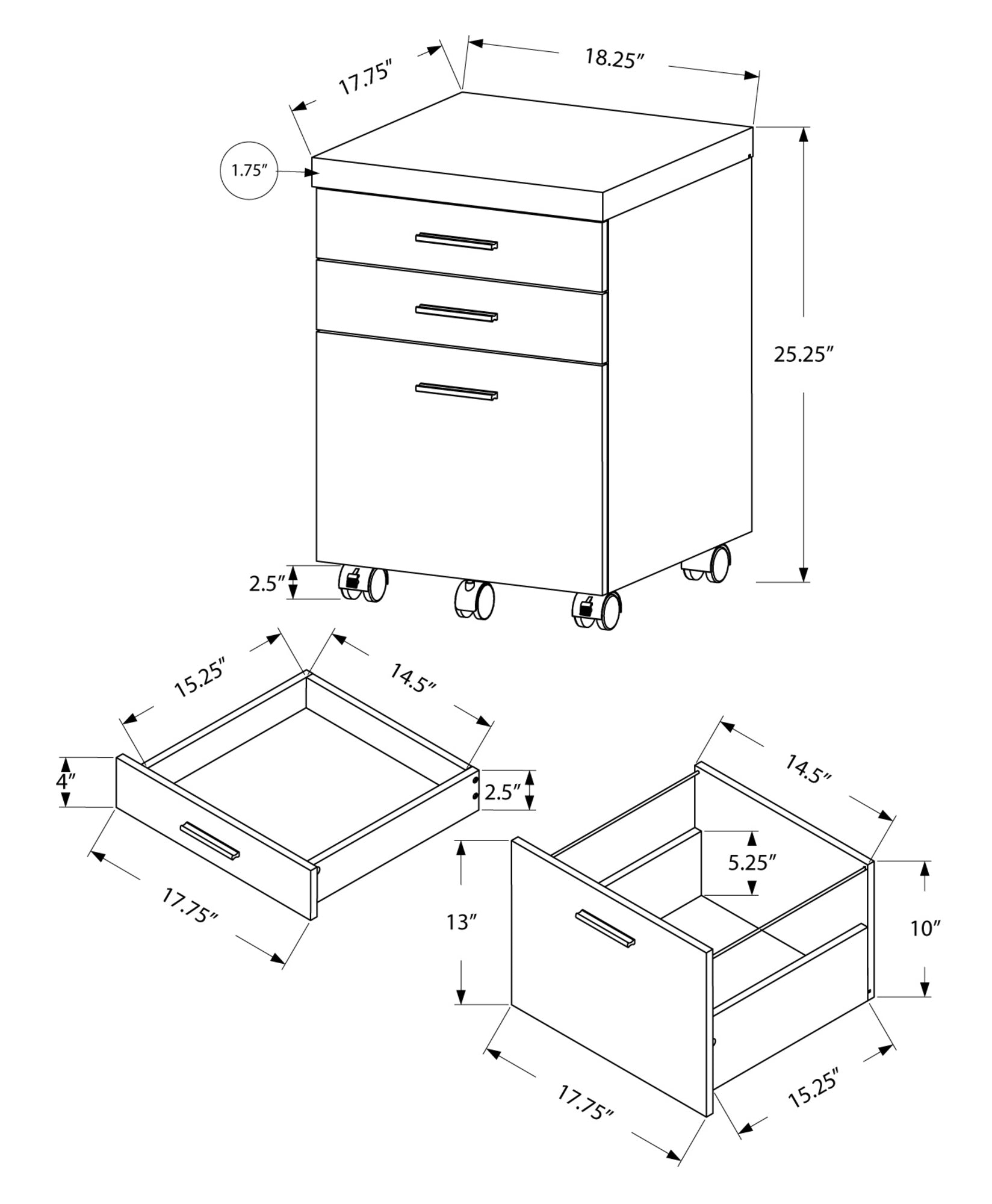 25.25" Grey Particle Board and MDF Filing Cabinet with 3 Drawers