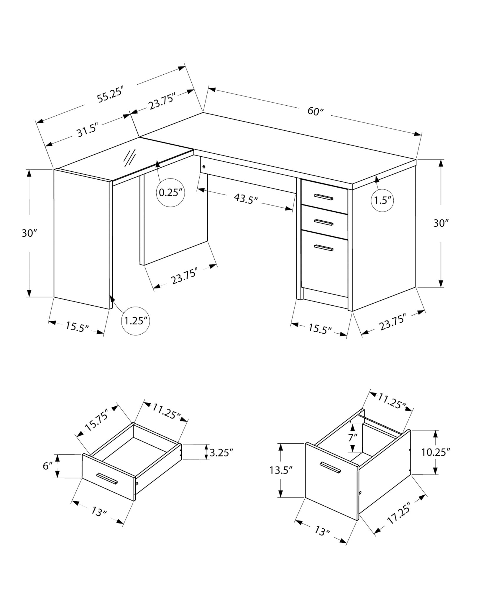 55.25" x 60" x 30" Black Clear Grey Particle Board Hollow Core  Computer Desk