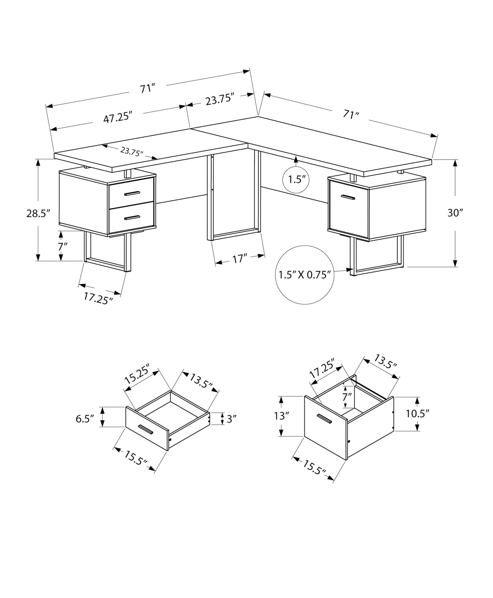 71" x 71" x 30" Black  Grey  Particle Board  Hollow Core  Metal   Computer Desk