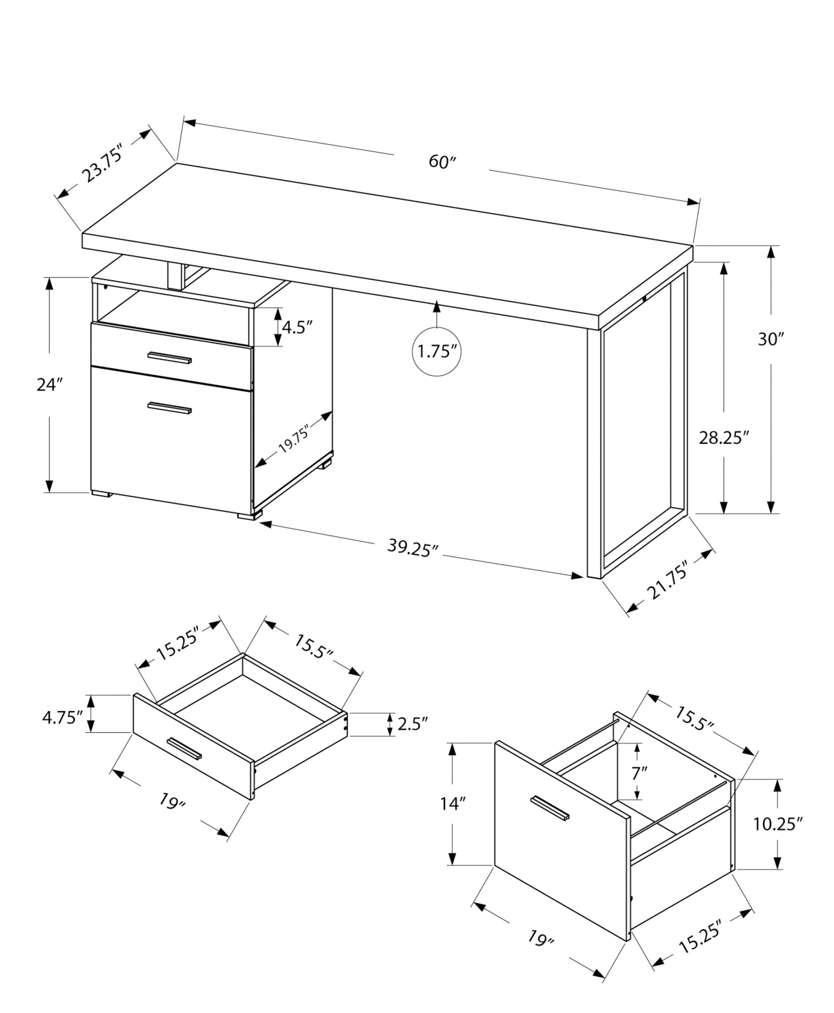 23.75" x 60" x 30" Black Grey Particle Board Hollow Core Metal  Computer Desk