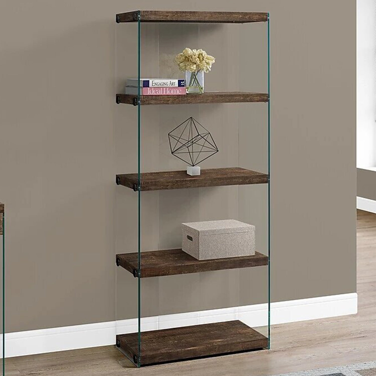 12" x 24" x 58.75" Brown Particle Board Tempered Glass  Bookcase