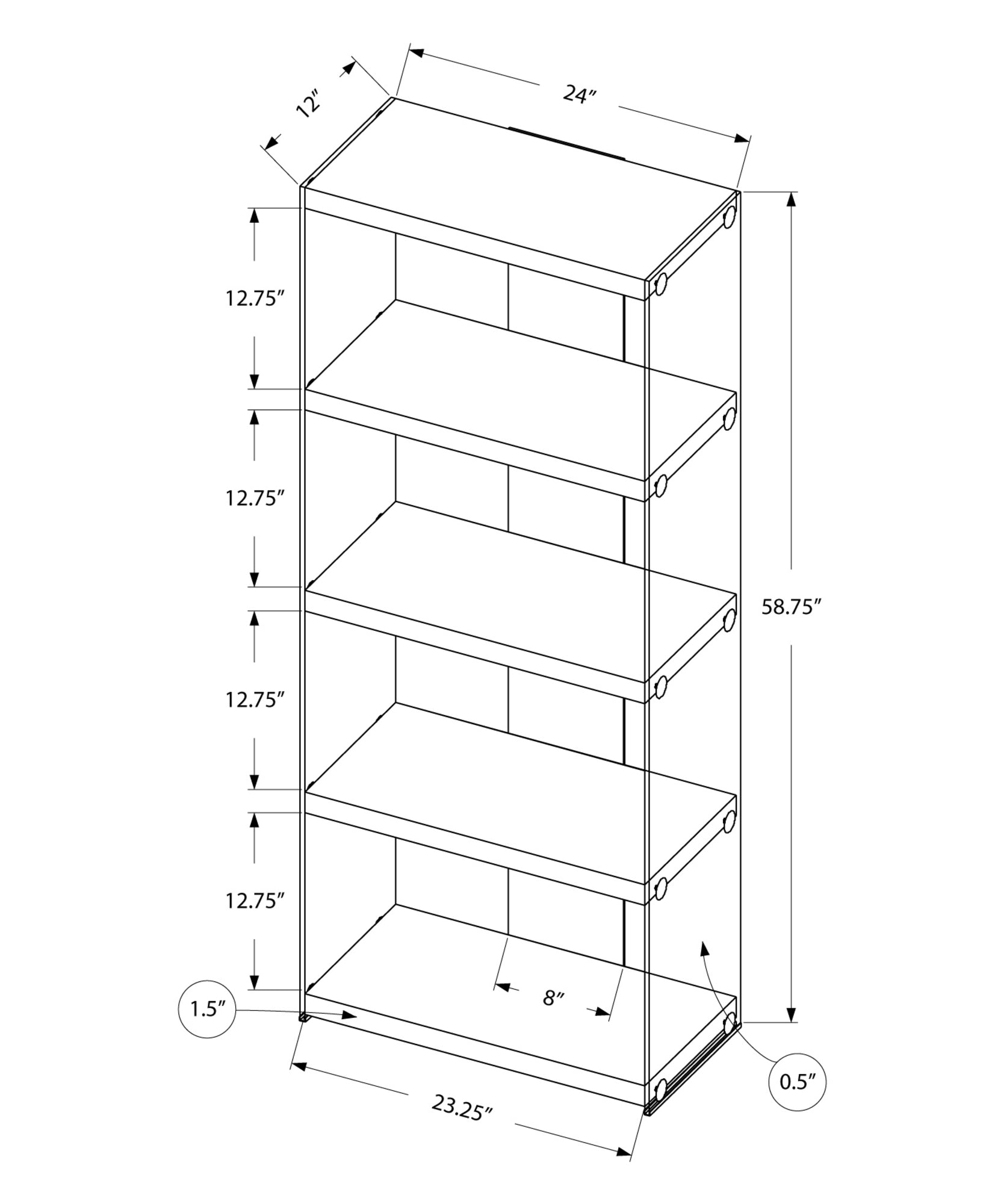 12" x 24" x 58.75" Grey Particle Board Tempered Glass  Bookcase