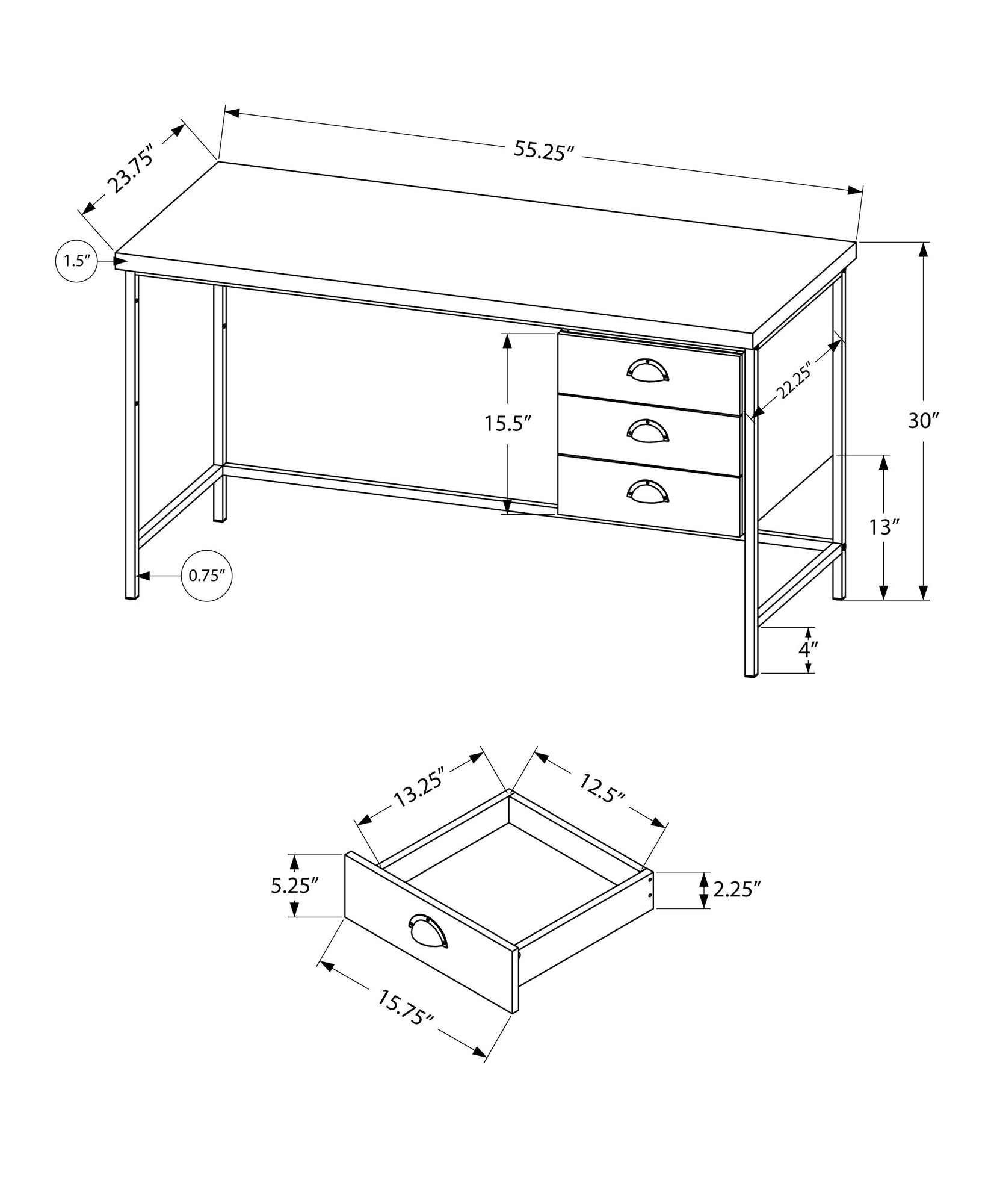 23.75" x 55.25" x 30" Black Particle Board Hollow Core Metal  Computer Desk