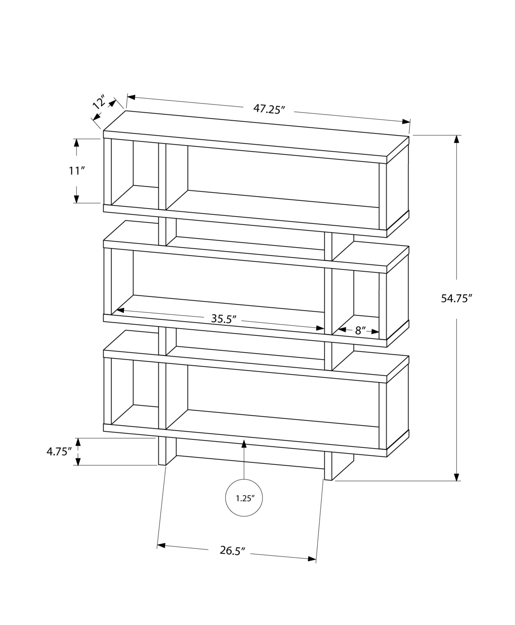 12" x 47.25" x 54.75" Grey White Particle Board Hollow Core  Bookcase