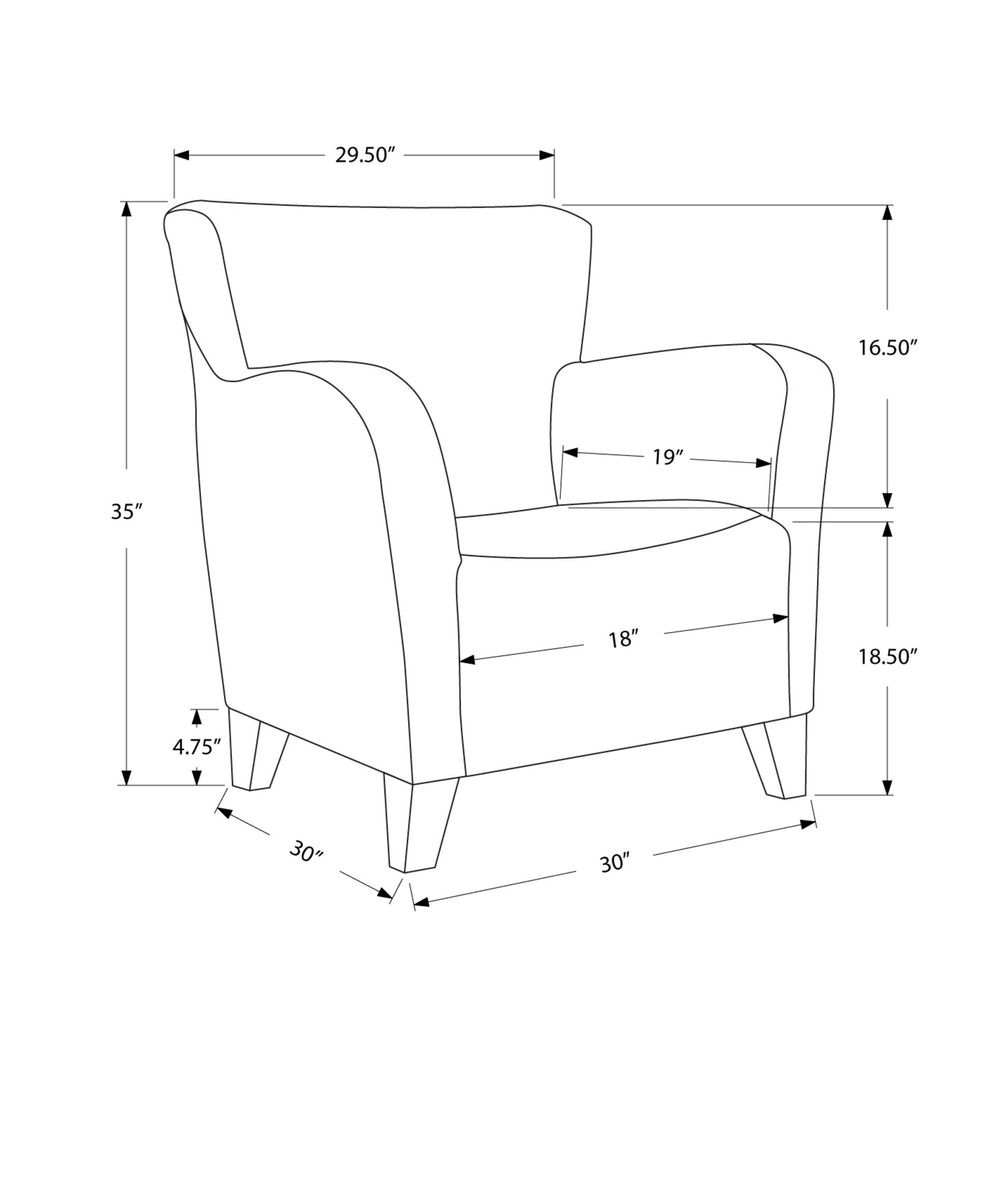 30" x 30" x 35" Grey Leather-Look Foam and Solid Wood Black Accent Chair