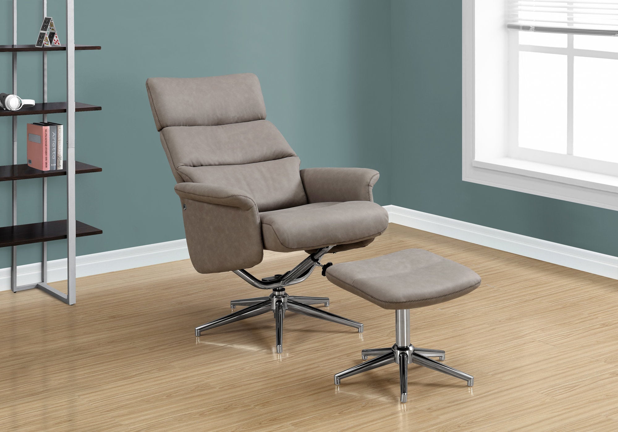 44" x 46" x 57.5" Taupe Finish Foam and Metal Swivel Reclining Chair with Adjustable Headrest