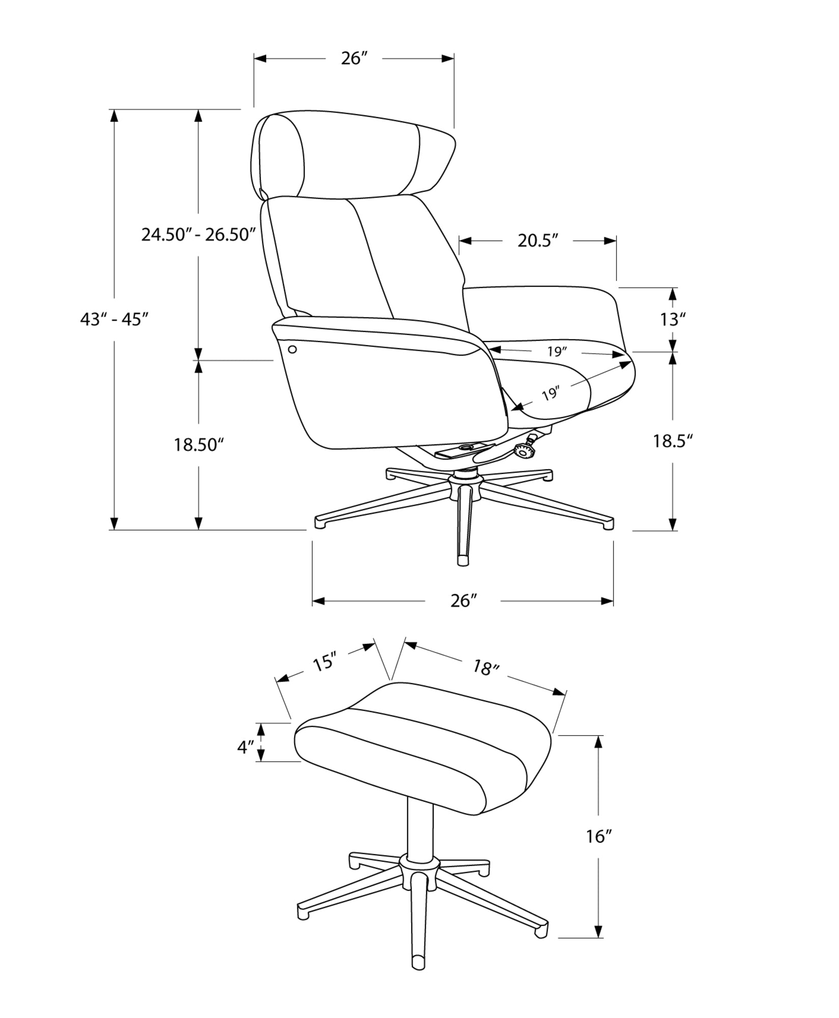 44" x 47" x 59" Grey Finish Foam and Metal Swivel Reclining Chair with Adjustable Headrest
