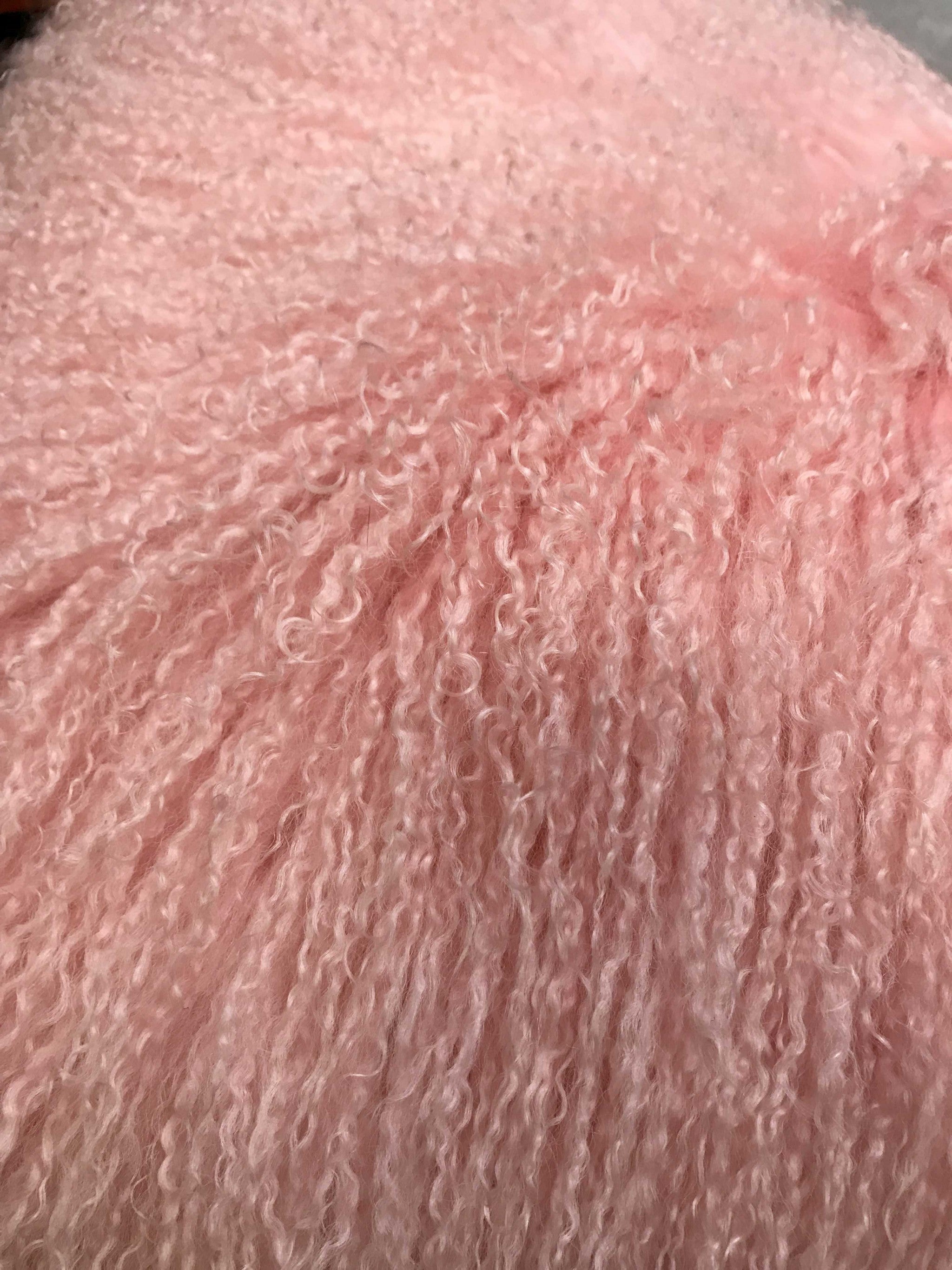 24" Pink Genuine Tibetan Lamb Fur Pillow with Microsuede Backing