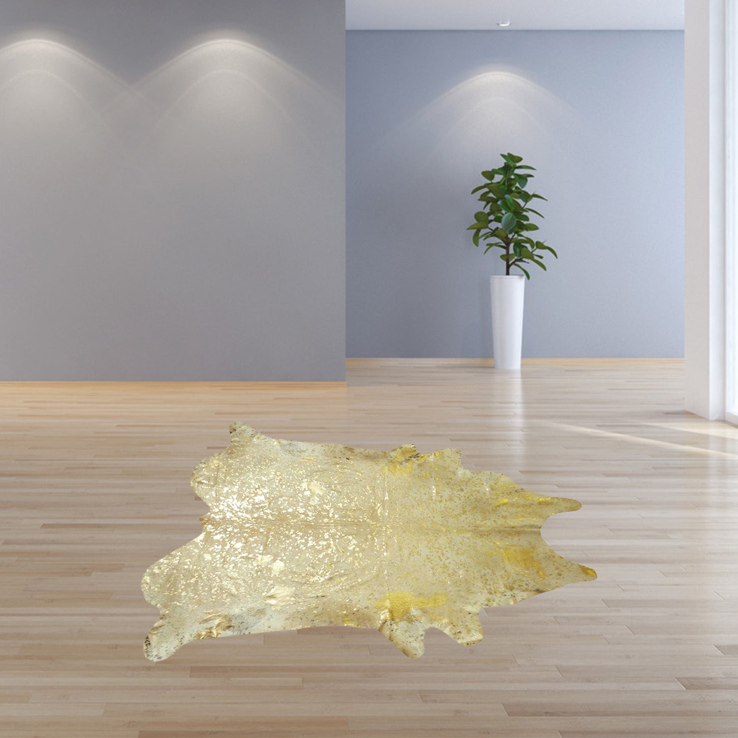 5.5 Ft  Gold Devore on White Brindled Cowhide Rug