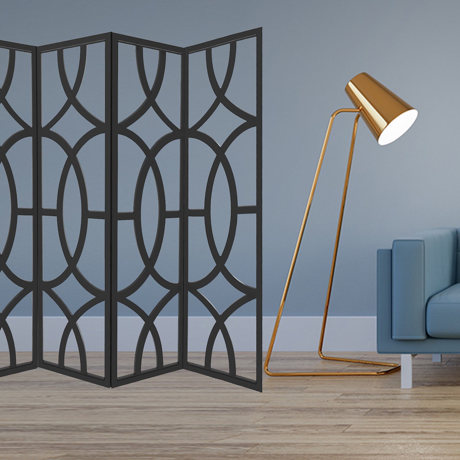 84" x 2" x 84" Black Wood 4 Panel  Screen