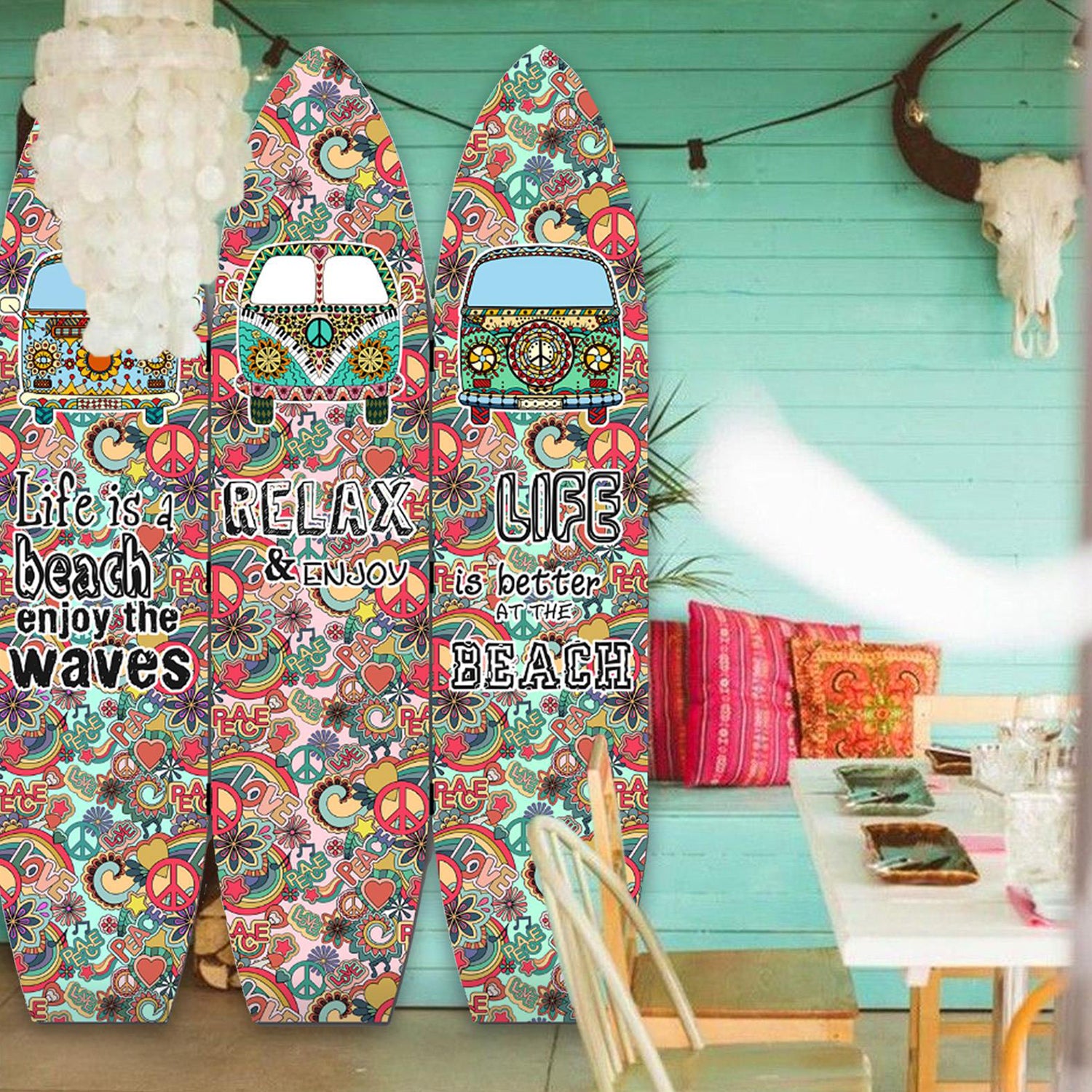 47" x 1" x 71" Multicolor Vintage Wood Surfboard  Screen
