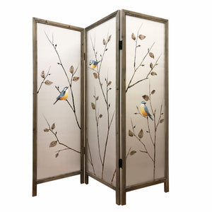 60" x 1" x 63" Brown Fabric And Wood  3 Panel Screen