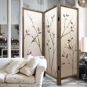 60" x 1" x 63" Brown Fabric And Wood  3 Panel Screen