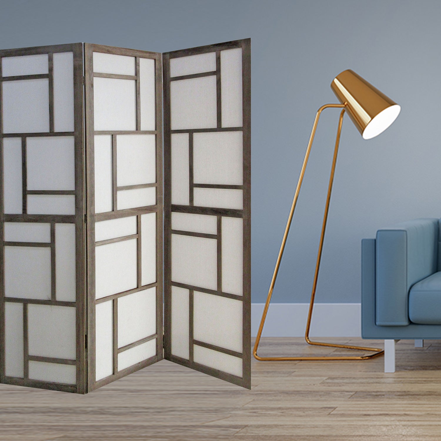 67" x 1.5" x 50" Gray Fabric And Wood  3 Panel Screen