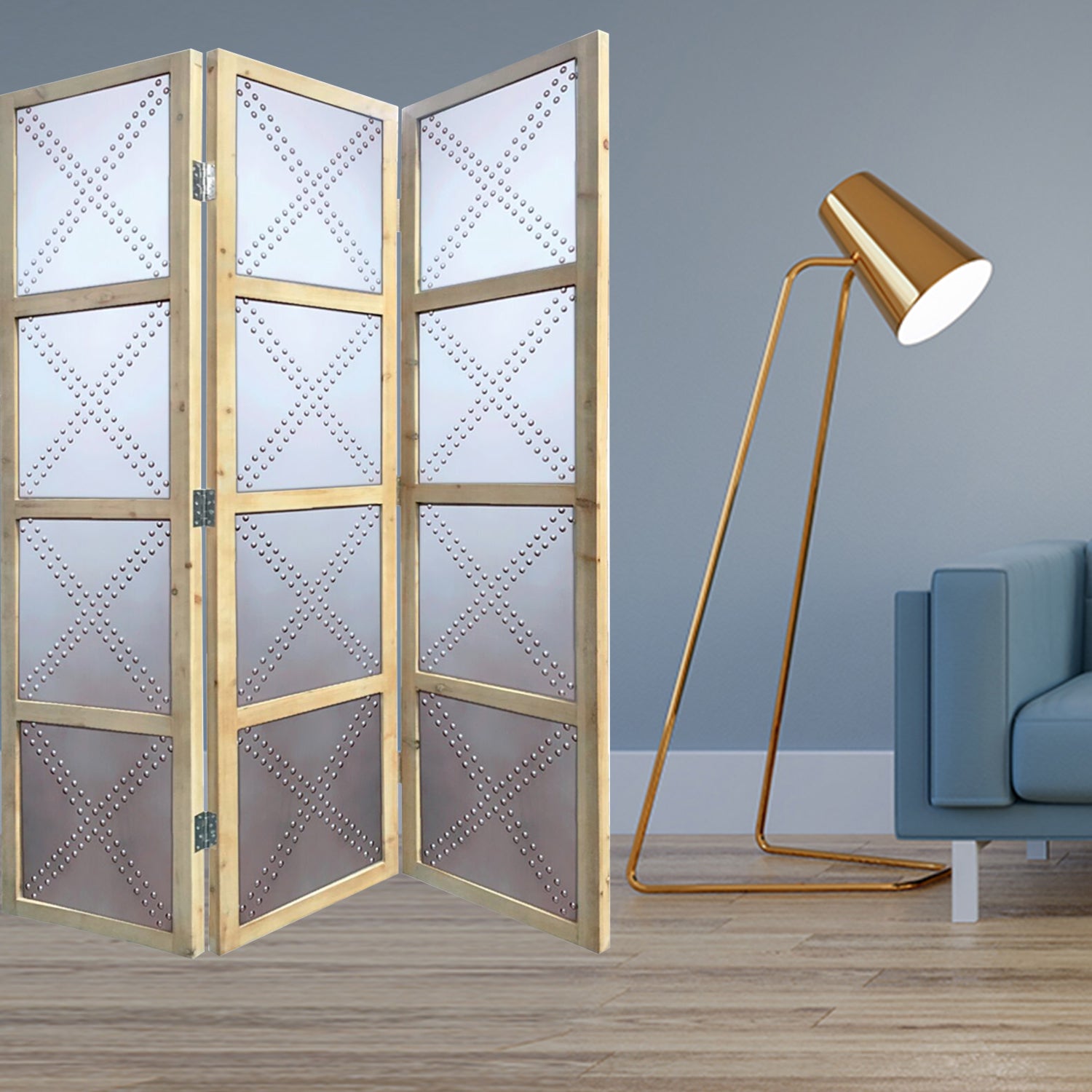 63" x 2" x 84" Silver Wood 3 Panel  Screen