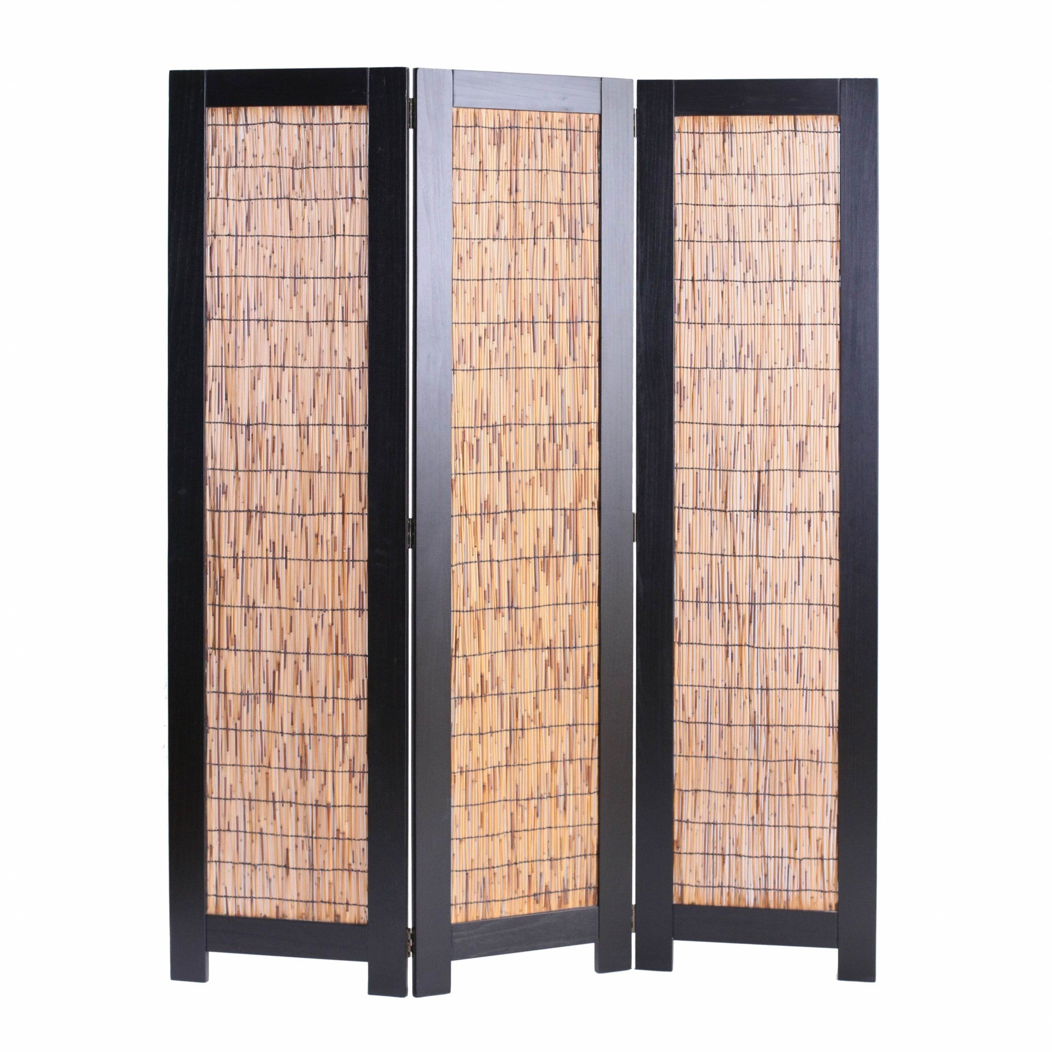 47" x 1.5" x 67" Black, Wood Wicker - 3 Panel Screen