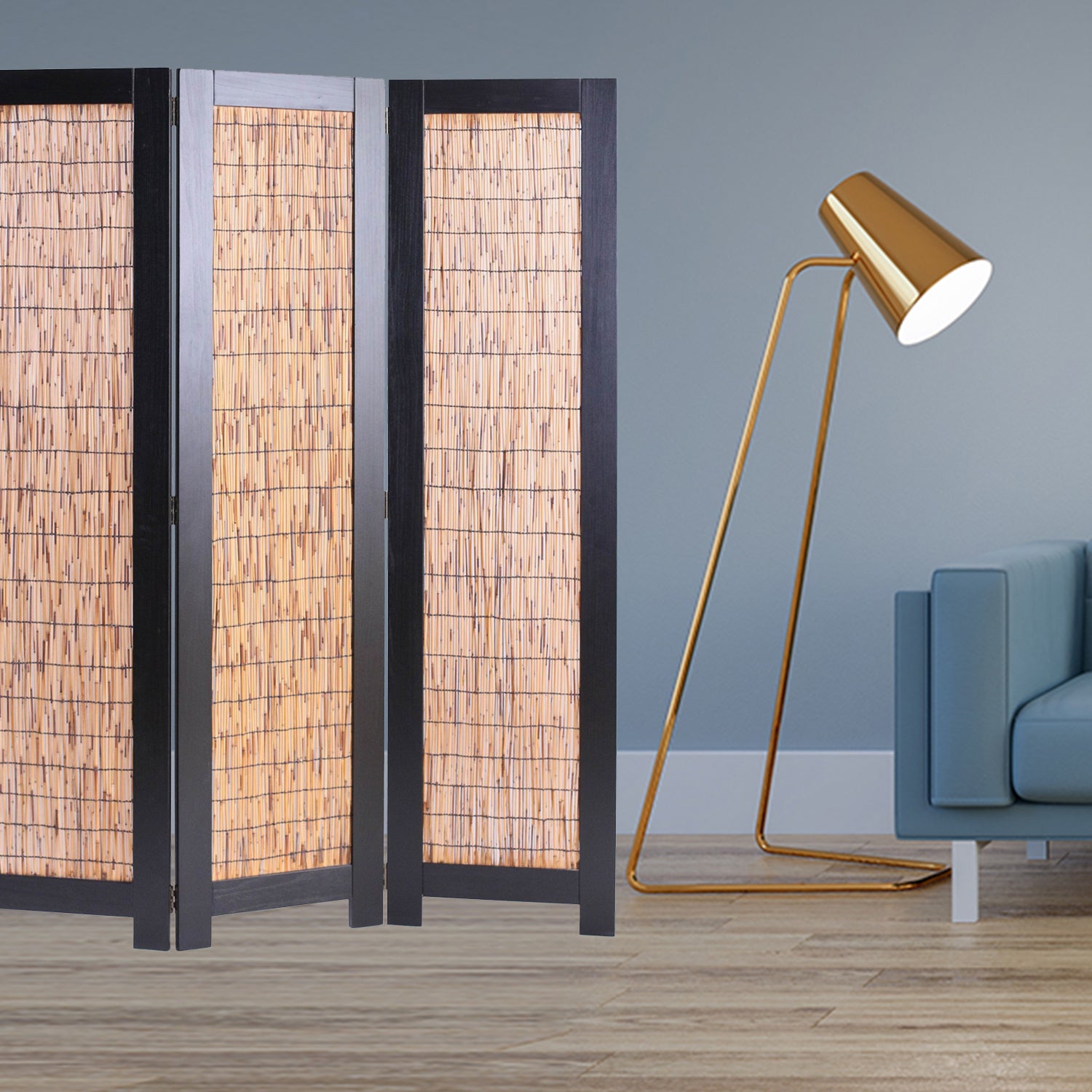 47" x 1.5" x 67" Black, Wood Wicker - 3 Panel Screen