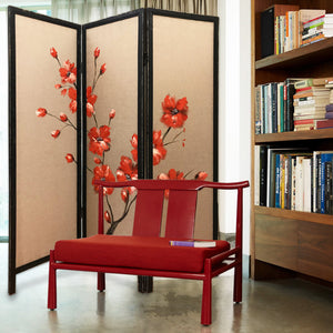 60" x 1" x 63" Brown Fabric And Wood Blooming  3 Panel Screen
