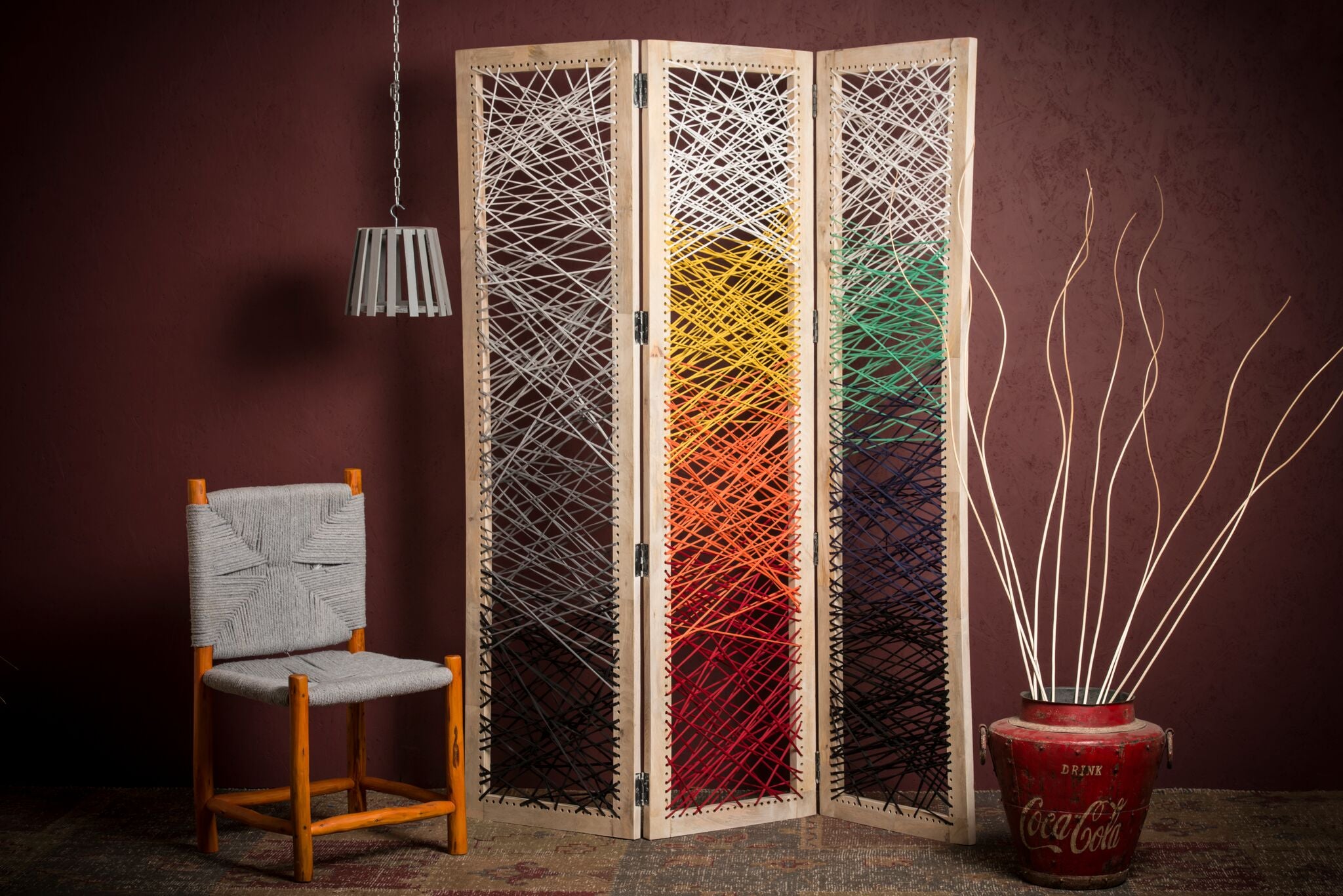 61" x 1.5" x 72" Multicolor Fabric And Wood Crisscross  Screen