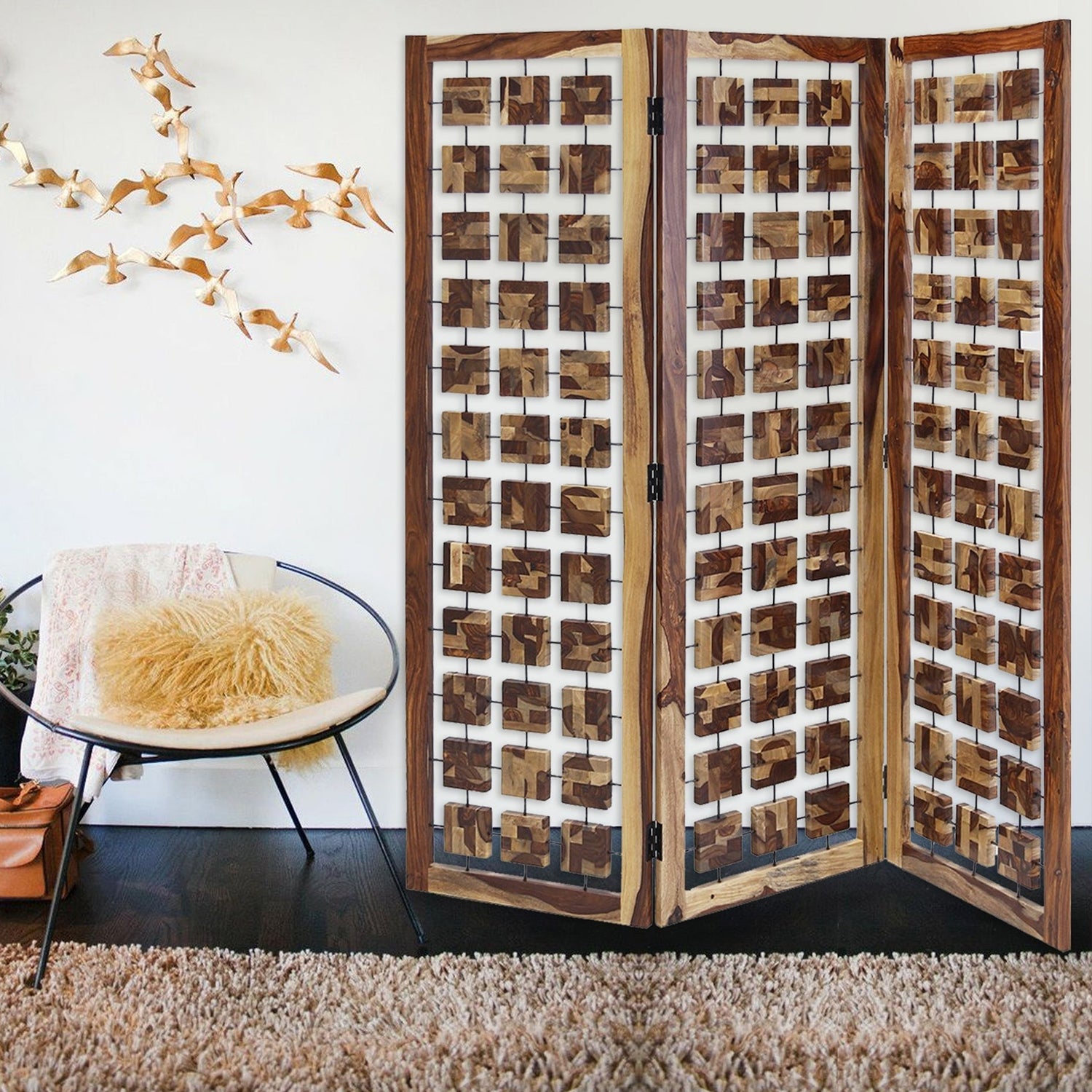 Contemporary Wood Squares 3 Panel Room Divider Screen