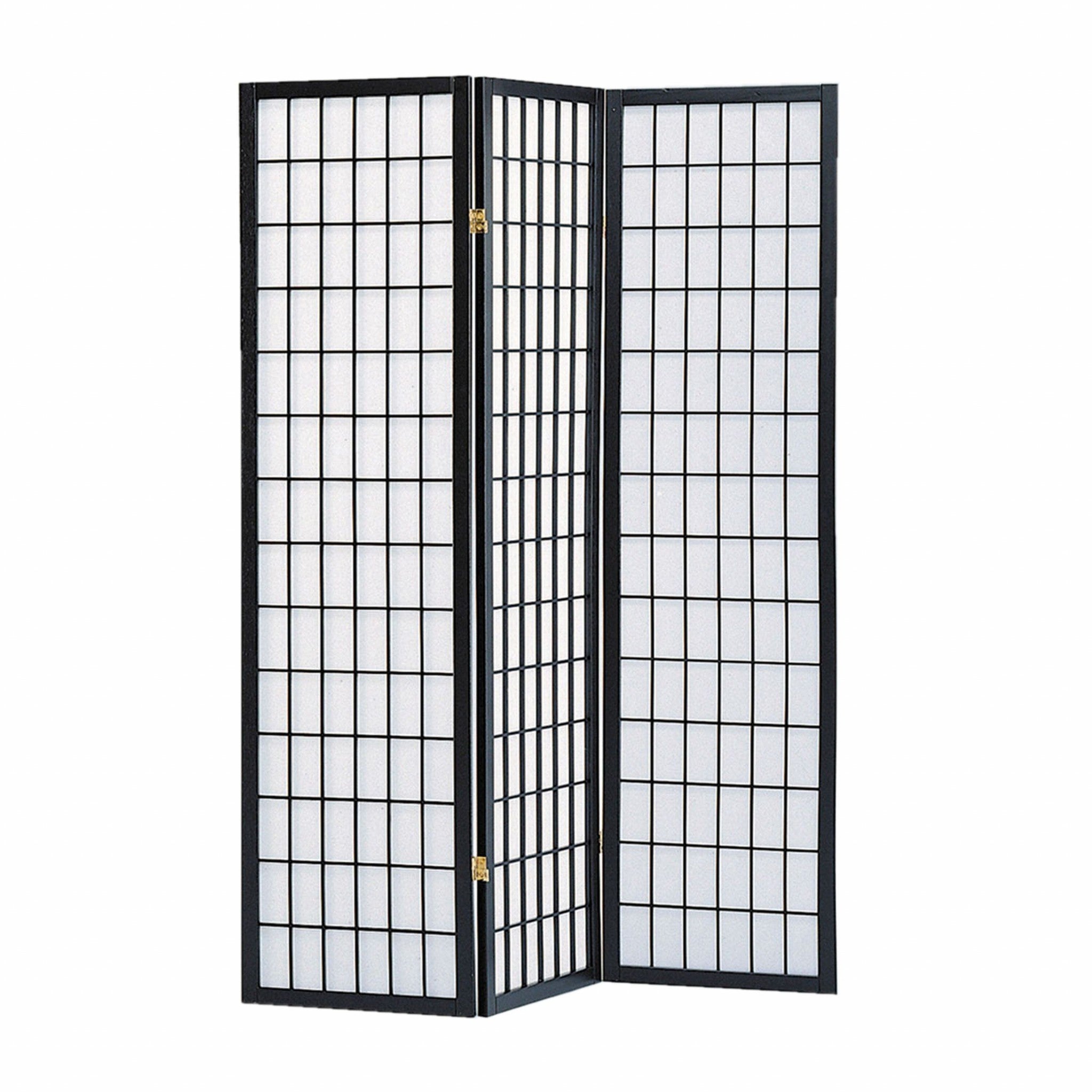 51" x 1" x 70" Black Shoji And Wood  3 Panel Screen