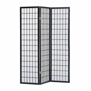 51" x 1" x 70" Black Shoji And Wood  3 Panel Screen