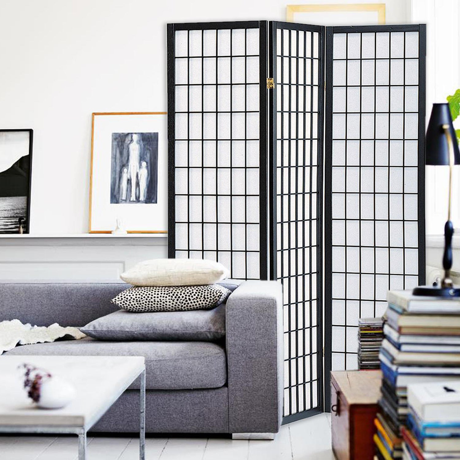 51" x 1" x 70" Black Shoji And Wood  3 Panel Screen