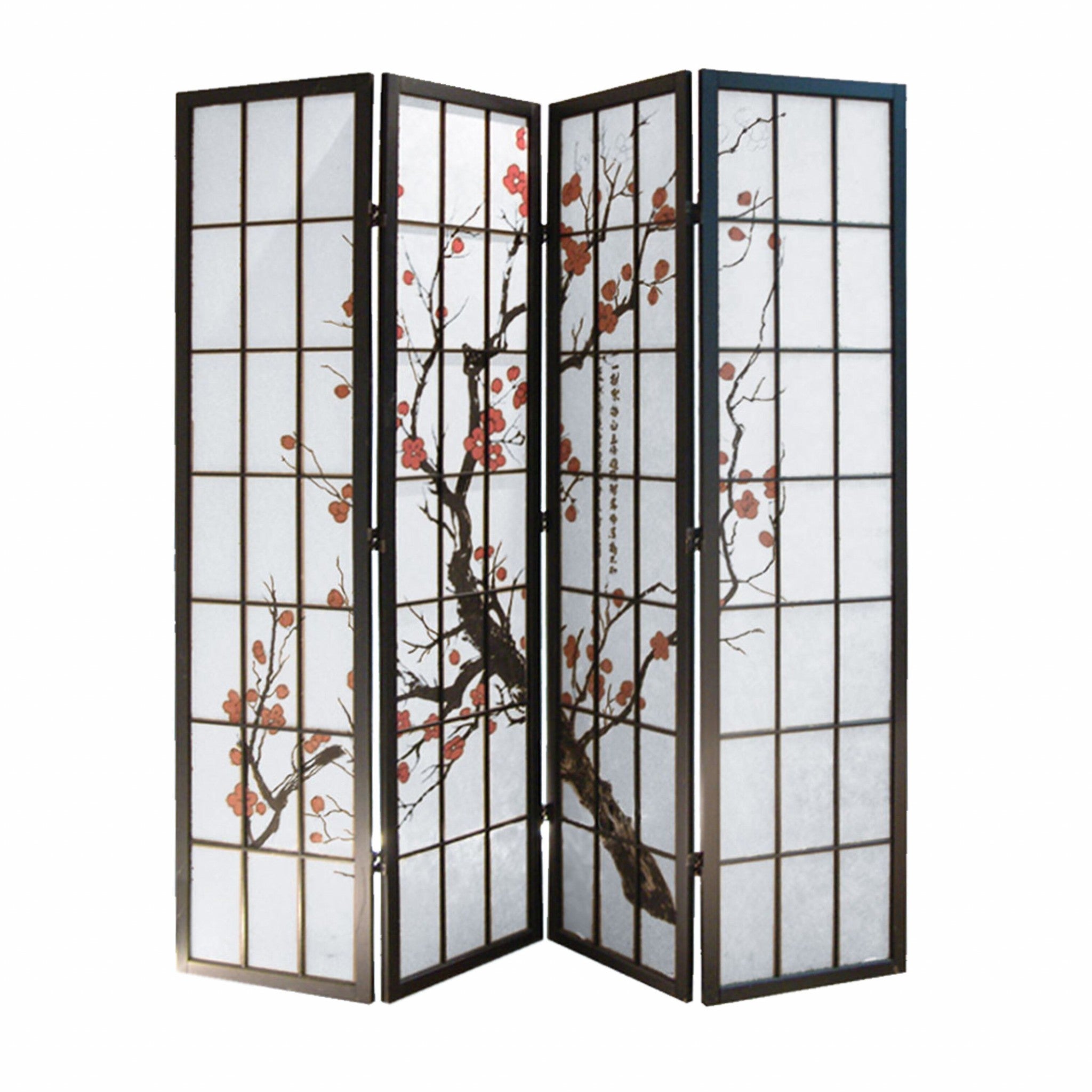 68" x 1" x 70" Black Shoji And Wood  4 Panel Screen