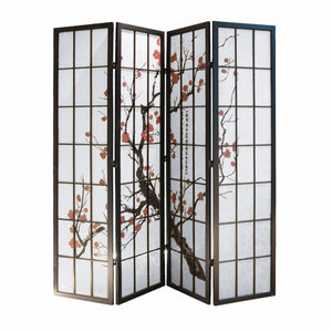 68" x 1" x 70" Black Shoji And Wood  4 Panel Screen