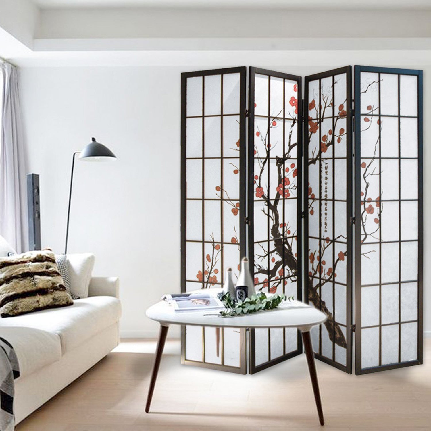 68" x 1" x 70" Black Shoji And Wood  4 Panel Screen