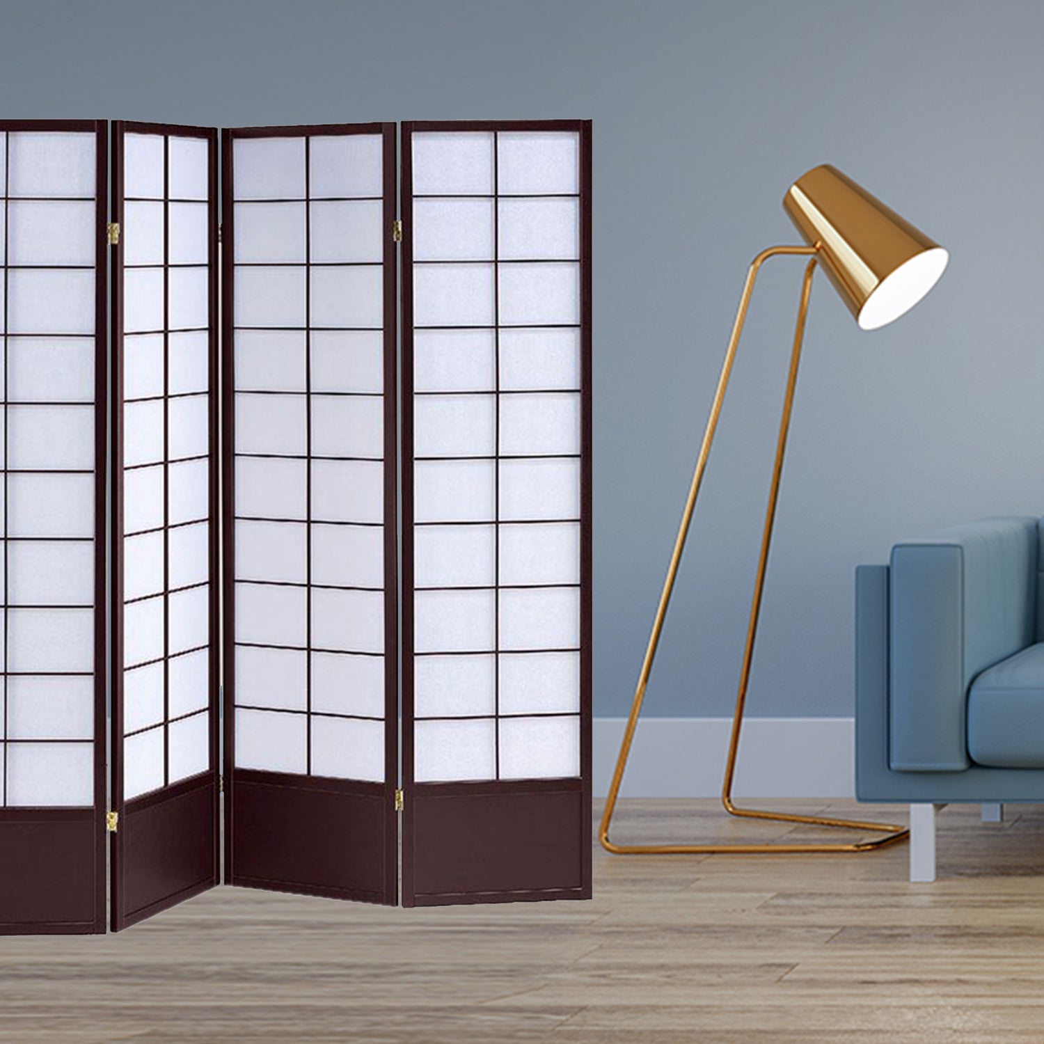 68" x 1" x 70" Black Shoji And Wood  4 Panel Screen