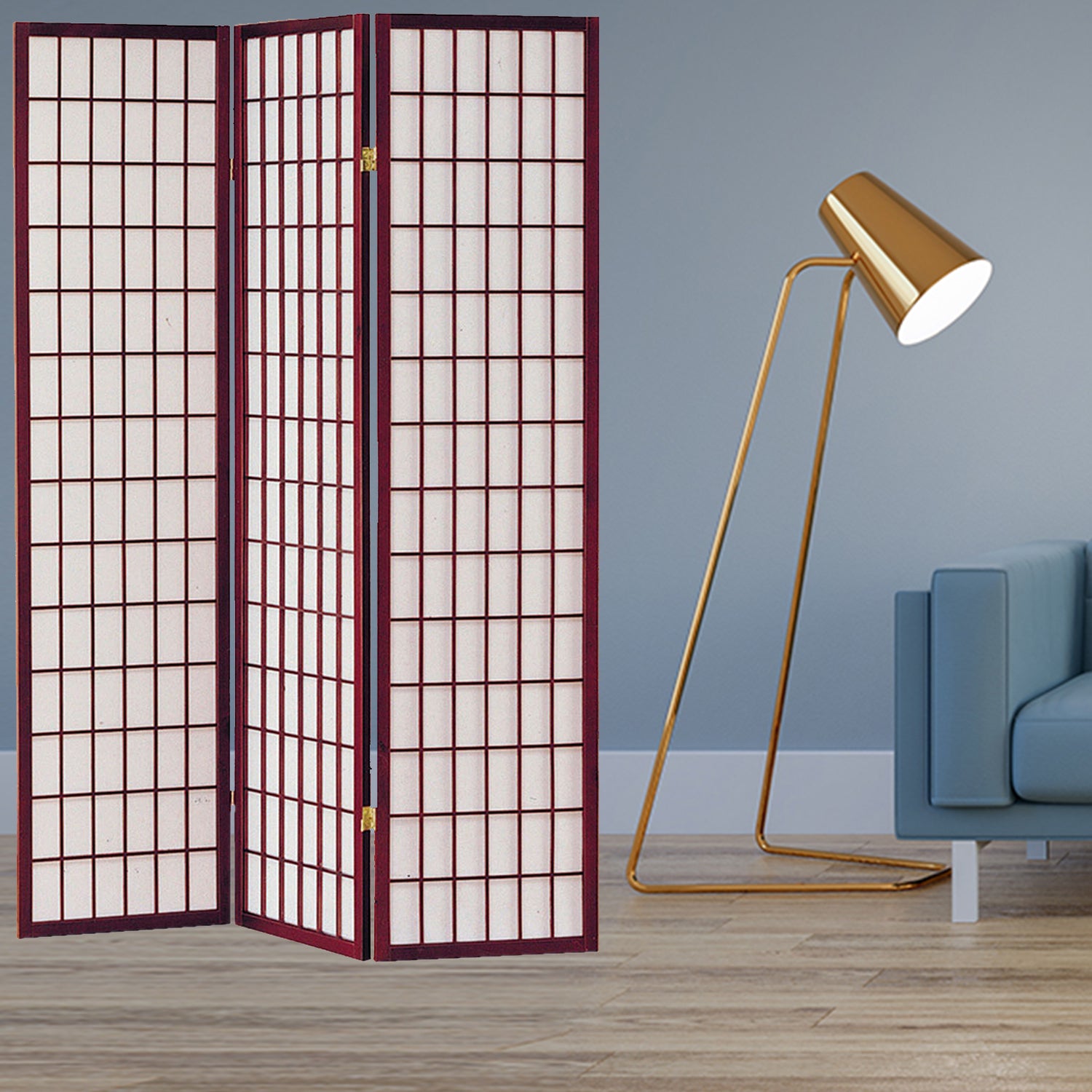 51" x 1" x 70" Cherry Brown Shoji And Wood  3 Panel Screen