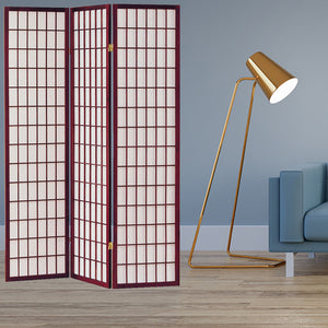 51" x 1" x 70" Cherry Brown Shoji And Wood  3 Panel Screen